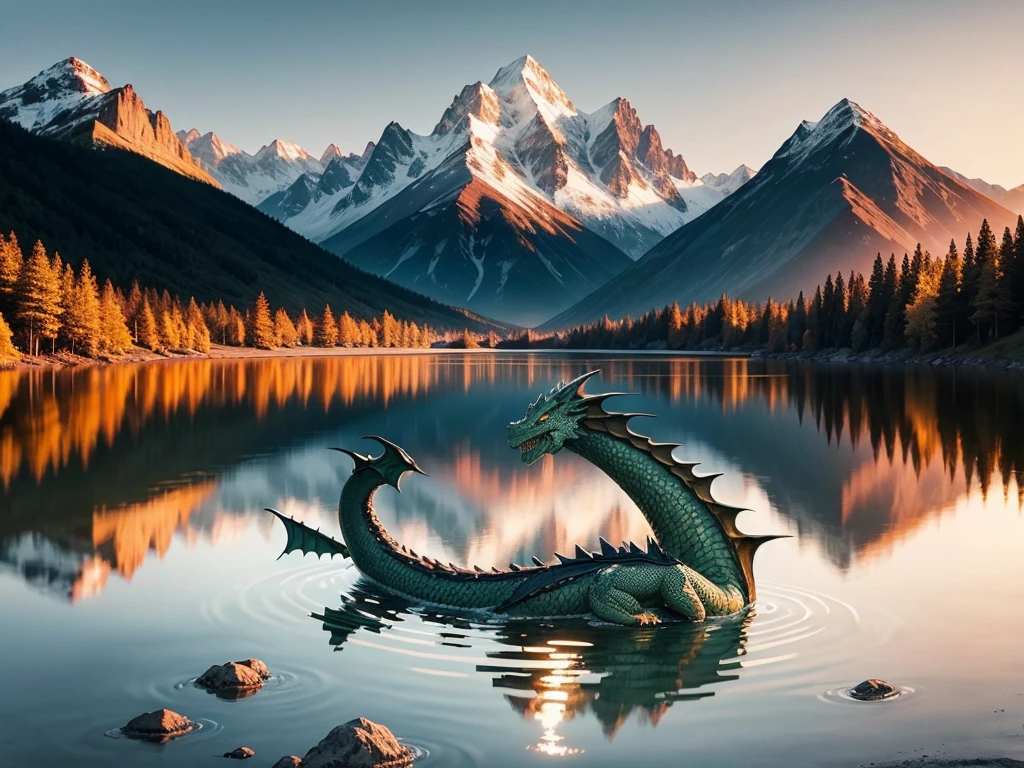 Evening Pond,swimming dragon,Setting sun,mountain background,ultra-detailed,sharp focus,aesthetic,(best quality)