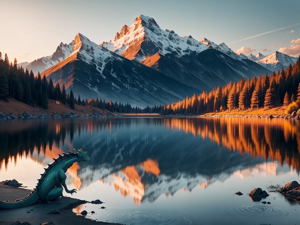 Evening Pond,swimming dragon,Setting sun,mountain background,ultra-detailed,sharp focus,aesthetic,(best quality)