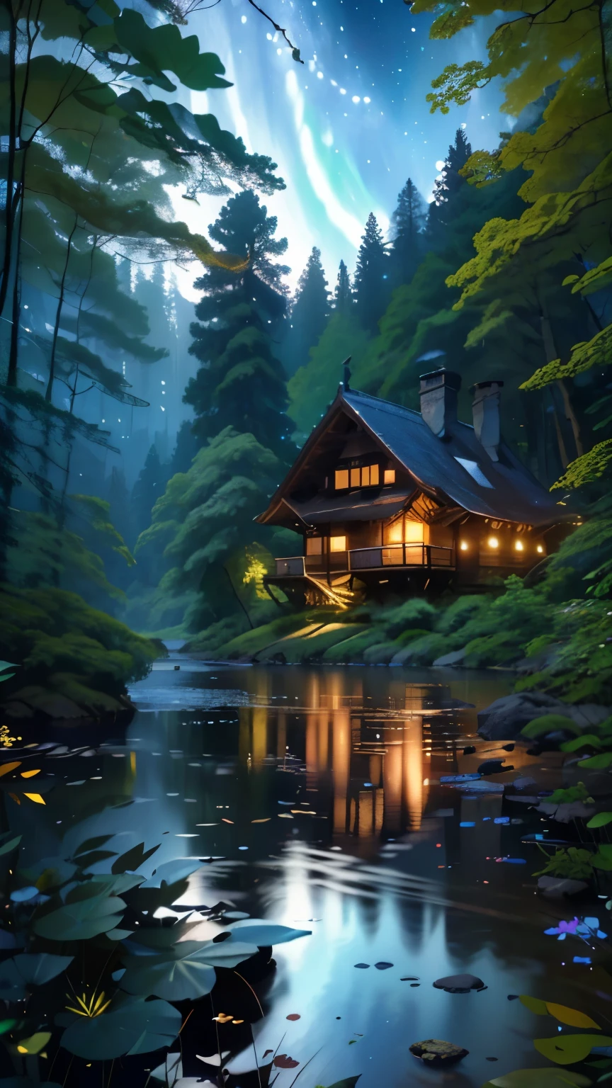 spring, (8K resolution, highest quality, Super detailed, ethereal, tree details, river details, stretch volleyball, (View), forest, Dreamy night sky, light, wooden house, green々leaves, town light, distant mountain々, beautiful stereoscopic light effect), wide angle, 32k uh, (masterpiece), (highest quality)