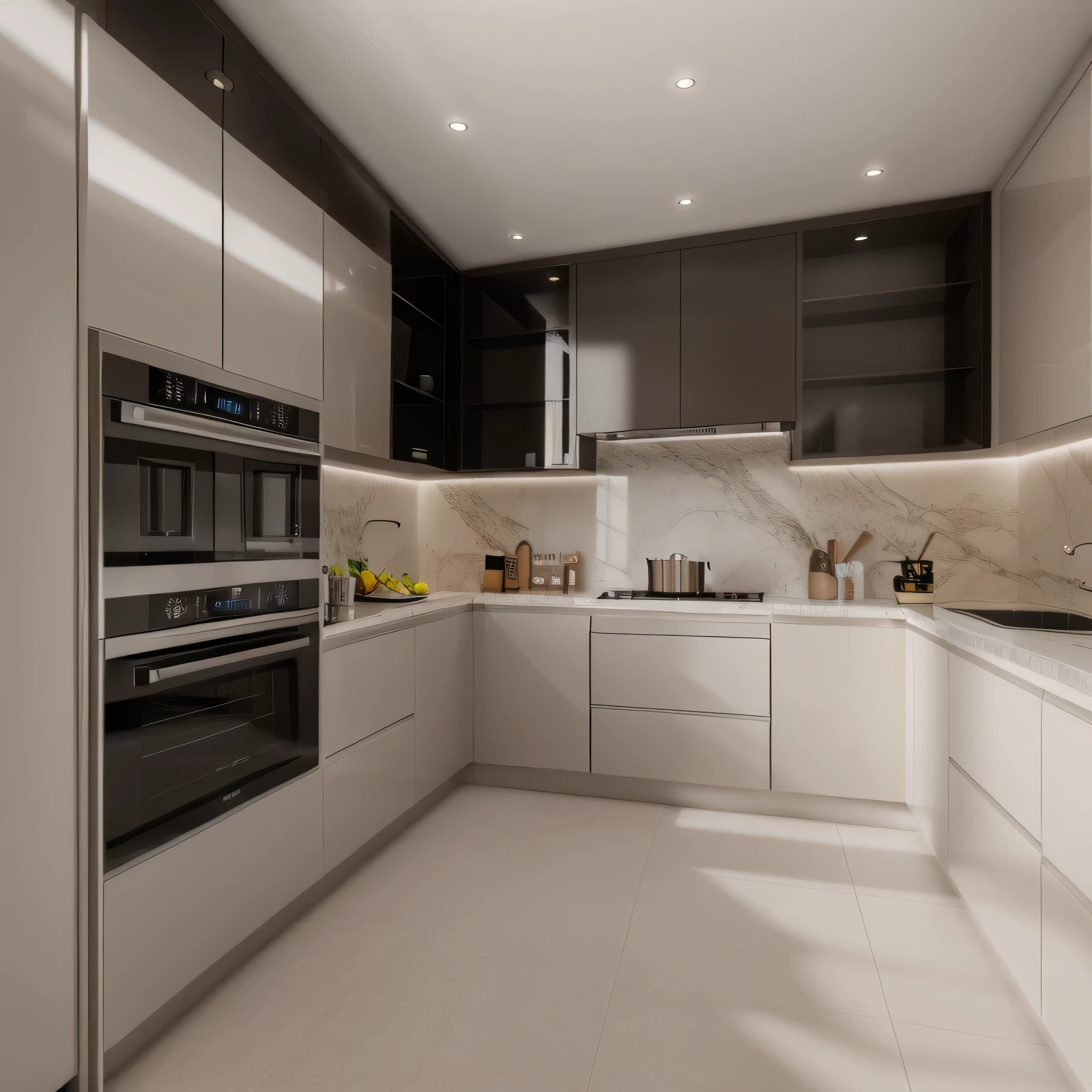 Modern kitchen, super glossy materials, daylight, 8k uhd, dslr, soft lighting, high quality, (ultra realistic1.2), (ultra masterpiece1.5), realistic photography, film grain, Fujifilm XT