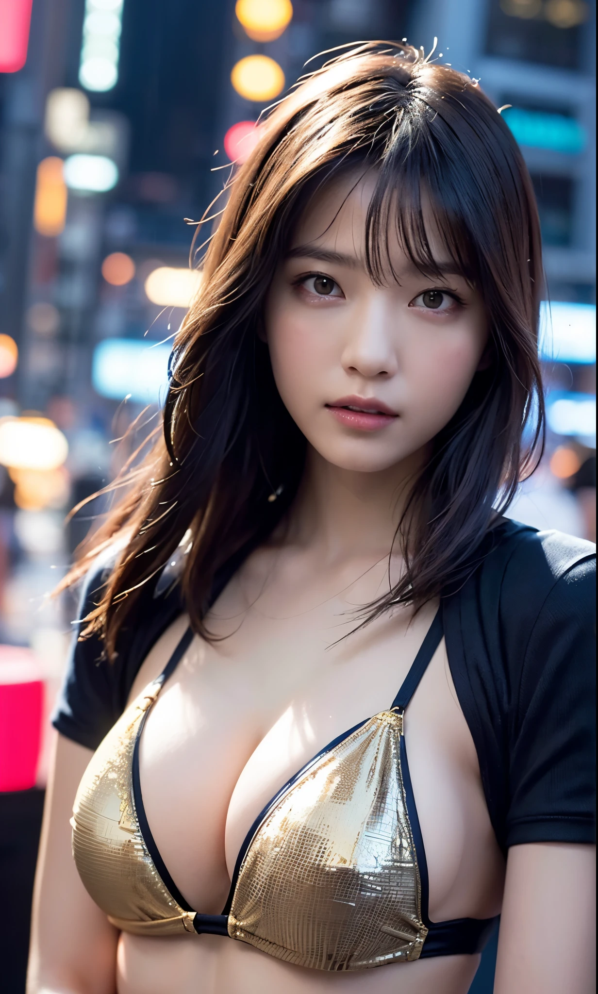 a woman covered in intricate white cybernetics, blue led lights, battle suit, cleavage, high tech, ultra high def, 32k, (Bikini Cyborg robot parts), (detailed:1.4), cyberpunk city background, rainy street, beautiful face, golden long hair, professional lighting, masterpiece, very delicate and beautiful, super detailed, fine detail, professional photograph