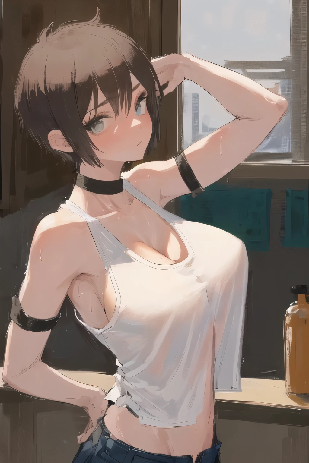 1Girl, short hair (shaved sides), tank top (detached sleeves), looking at viewer, upper body, from side Big Breasts, Sweat