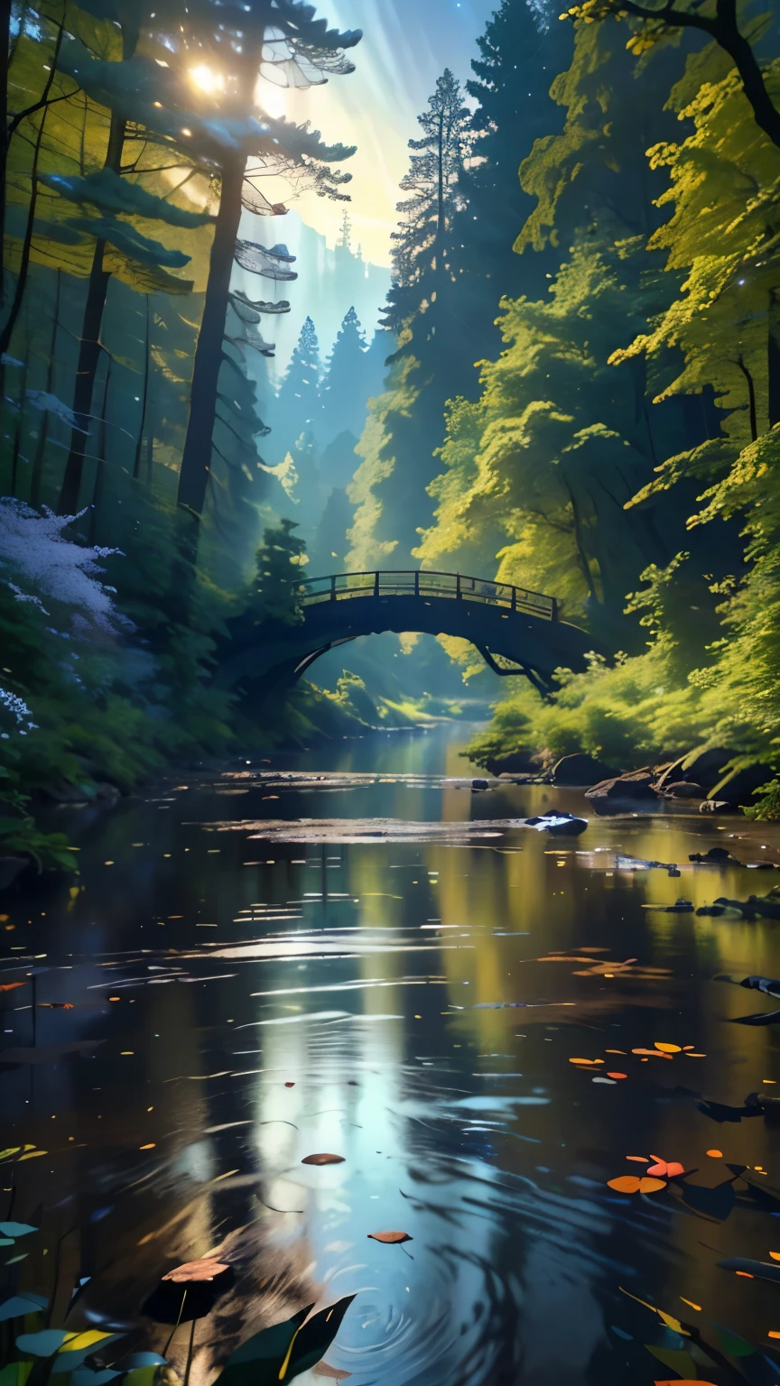 spring, (8K resolution, highest quality, Super detailed, ethereal, tree details, river details, stretch volleyball, (View), forest, Dreamy night sky, light, wooden house, green々leaves, town light, distant mountain々, beautiful stereoscopic light effect), wide angle, 32k uh, (masterpiece), (highest quality)