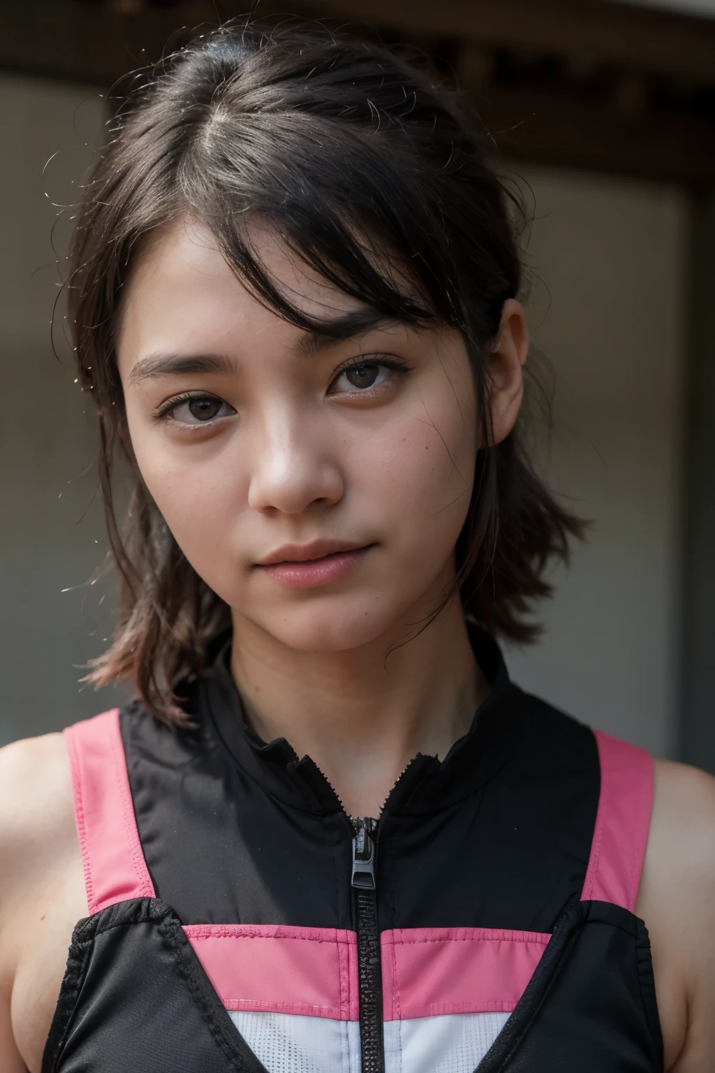 RAW photo, (closeup:1.2), portrait photo of teen Korean boy, ((dark gray, black, & deep purple pokemon trainer outfit)), pokemon gym, action pose, natural skin, 8k uhd, high quality, film grain, Fujifilm XT3