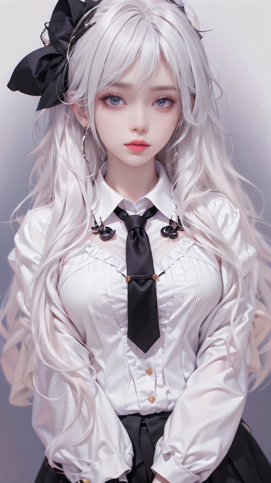 lifelike, High resolution, 1 female, alone, Hips raised,lolita costume, beautiful eyes, white hair, eye socket, collared shirt,black tie,black skirt, pencil skirt, fur coat