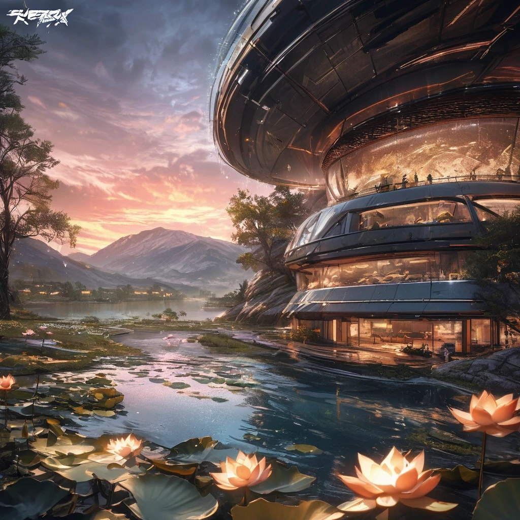 Masterpiece, the best quality, stunning details, Enjoy the Future, Cyberpunk 2077 Wide angle, 8k, locally blurred, Lakes, valleys, small rivers, high mountains, weathered granite, Hillside, lakeside, oval shaped building (streamlined, lotus shaped design, transparent exterior, metal frame, glass exterior wall, fish scale decoration, huge), surrounded by forest, decorated with lights, rainy, 1girl,pond in evening，Sunset