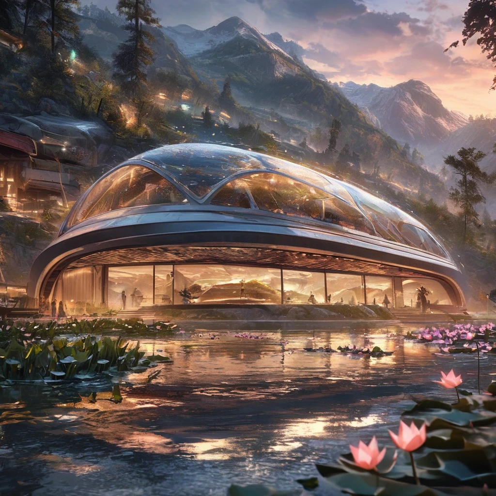 Masterpiece, the best quality, stunning details, Enjoy the Future, Cyberpunk 2077 Wide angle, 8k, locally blurred, Lakes, valleys, small rivers, high mountains, weathered granite, Hillside, lakeside, oval shaped building (streamlined, lotus shaped design, transparent exterior, metal frame, glass exterior wall, fish scale decoration, huge), surrounded by forest, decorated with lights, rainy, 1girl,pond in evening，Sunset