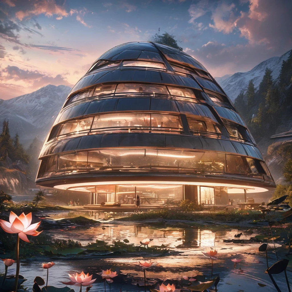 Masterpiece, the best quality, stunning details, Enjoy the Future, Cyberpunk 2077 Wide angle, 8k, locally blurred, Lakes, valleys, small rivers, high mountains, weathered granite, Hillside, lakeside, oval shaped building (streamlined, lotus shaped design, transparent exterior, metal frame, glass exterior wall, fish scale decoration, huge), surrounded by forest, decorated with lights, rainy, 1girl,pond in evening，Sunset