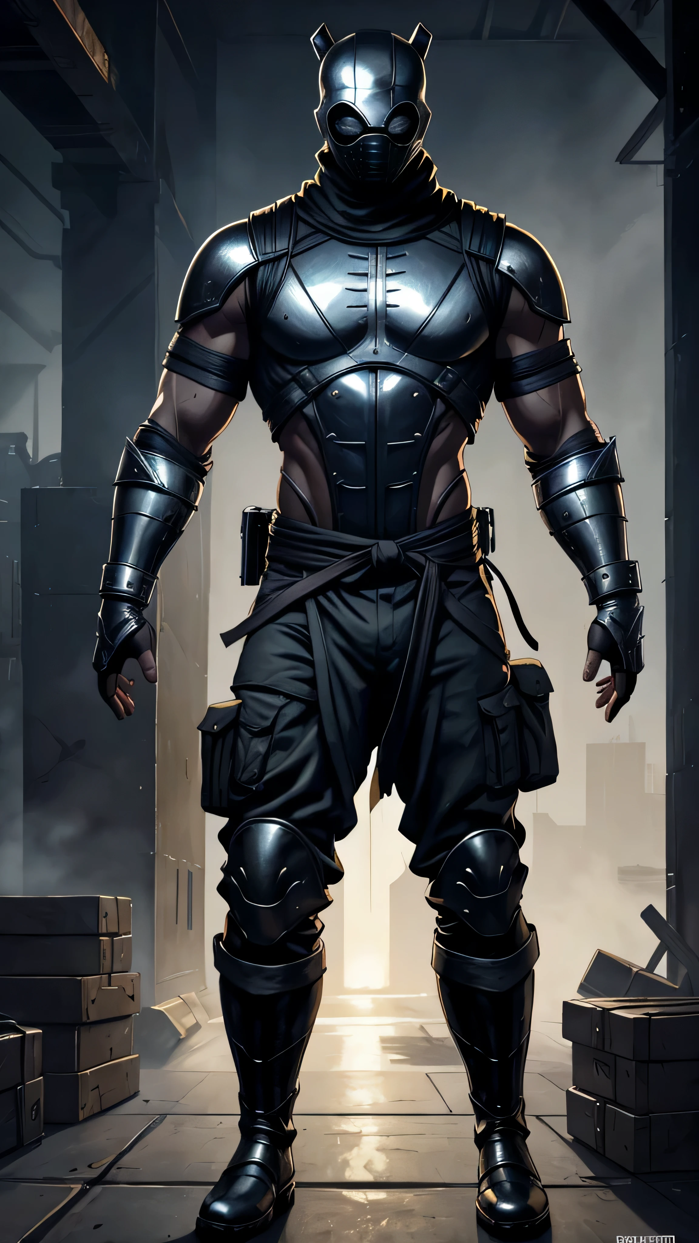 No Face from Mortal Kombat, reflective metallic mask completely covers face, naked torso, cargo pants, boots, 1man, solo, full body view, intricate, high detail, sharp focus, dramatic, photorealistic painting art by greg rutkowski