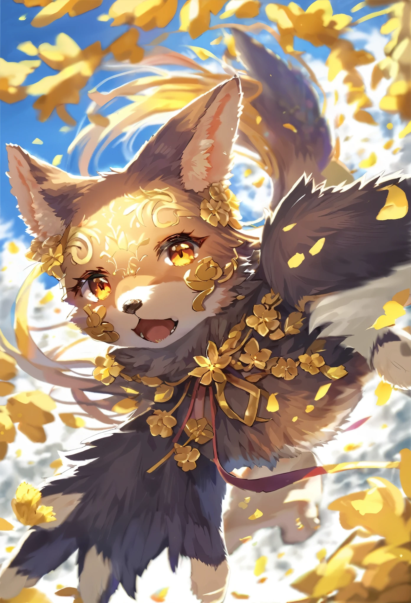 girl, kemono, furry, detailed body fur, animal face, animal hand, dynamic angle, unfocused spread of gold flower, 