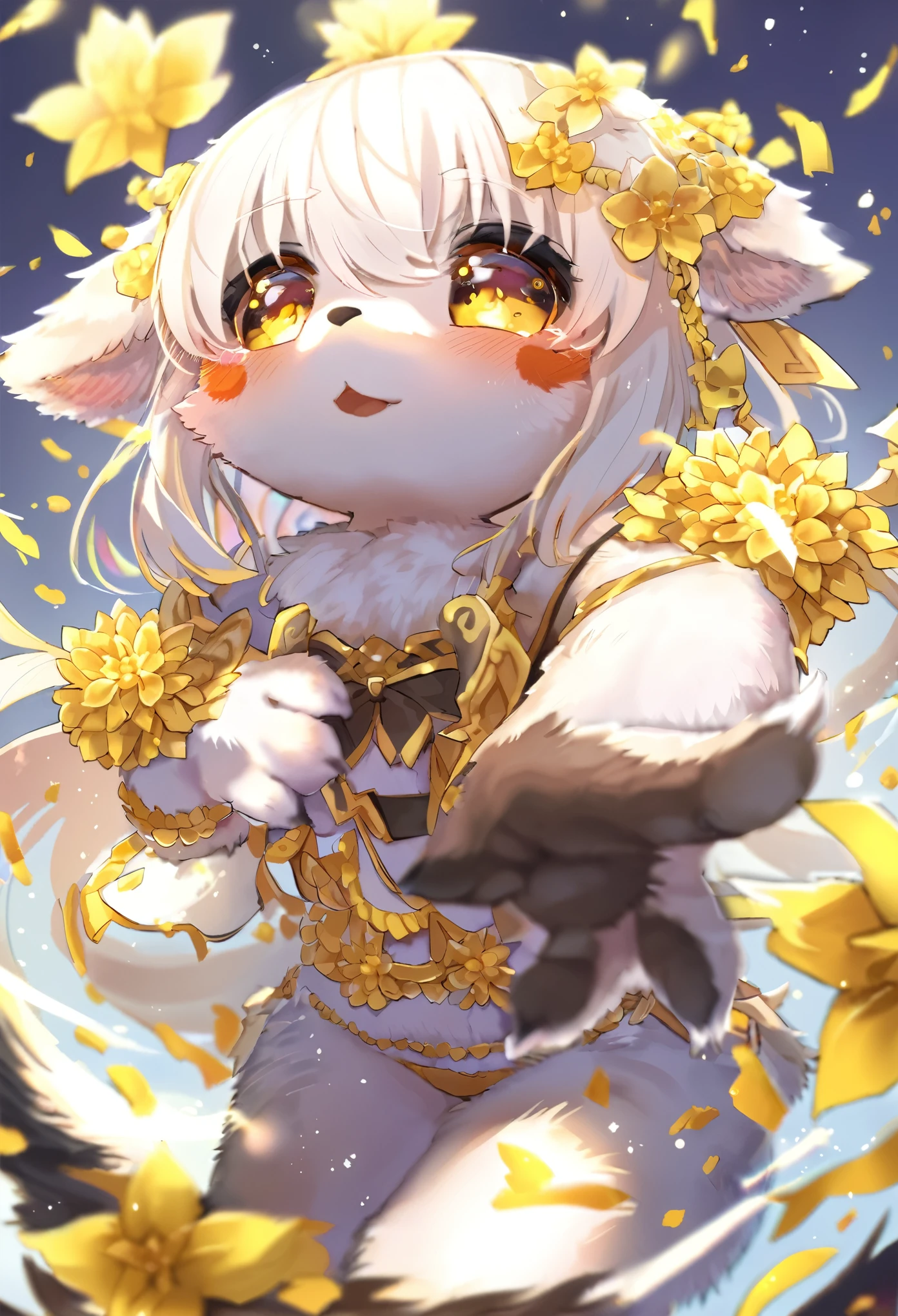 girl, kemono, furry, detailed body fur, animal face, animal hand, dynamic angle, unfocused spread of gold flower,