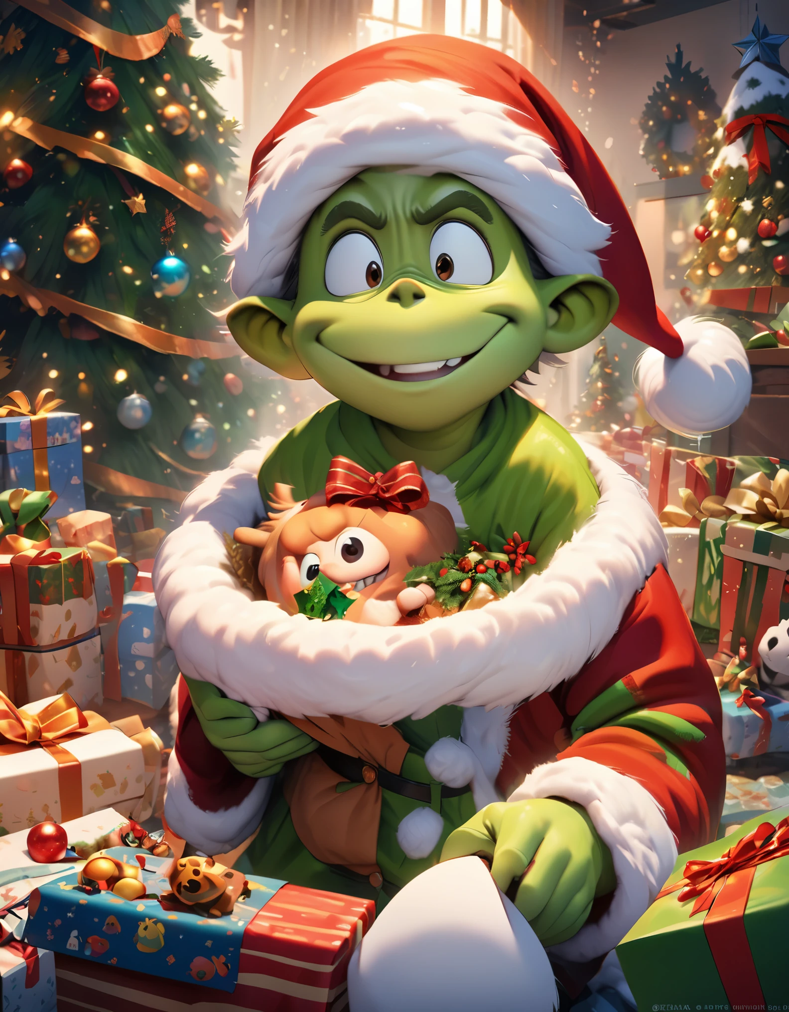 Pixar animation, detailed skin texture,a highly detailed, Fluffy baby Grinch opening gifts for Christmas, Photography