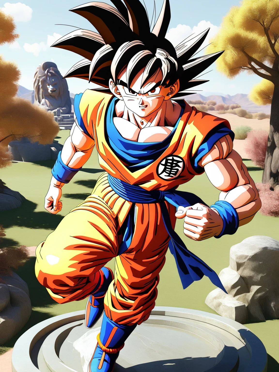 diy28，Highest quality, ultra-high definition, masterpieces, 8k, realistic, anime styled, 3d render，arafed image of a statue of a young gohan with a tree in the background, photorealistic human goku, son goku, highly detailed portrait of goku, goku, portrait of goku, goku from dragon ball, goku from dragon ball z, human goku, goku from dragonball z, dragon ball artstyle, goku as an asian man, fan art, goku portrait
