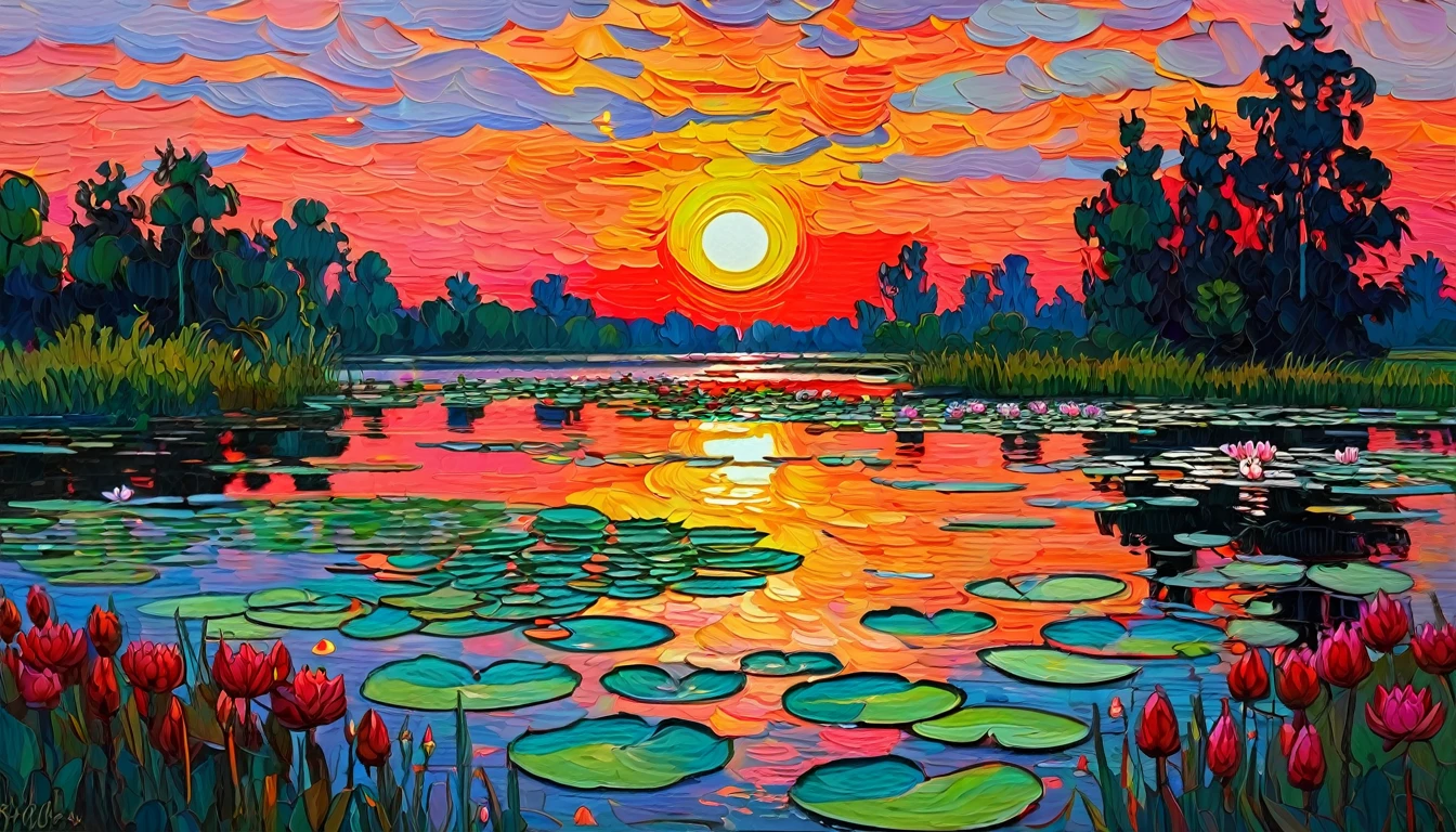 Russian Russian epic folklore, Russian nature, summer, pond with water lilies, crimson sunset, ((Ivan-Bilibin style)), (correct details) aesthetics, Palette knife-oil painting, ((best quality, tmasterpiece)), (extreme detail), Impressionism: 0.1, 8K