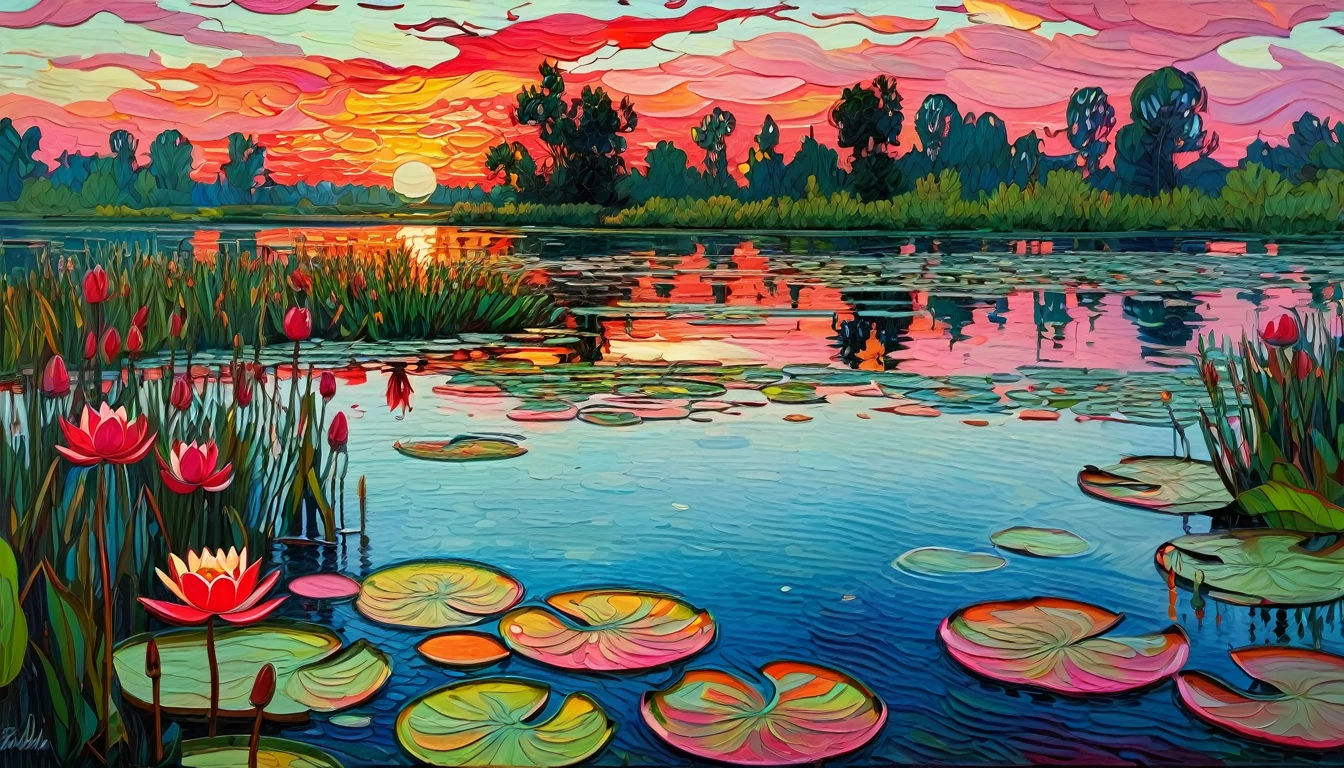 Russian Russian epic folklore, Russian nature, summer, pond with water lilies, crimson sunset, ((Ivan-Bilibin style)), (correct details) aesthetics, Palette knife-oil painting, ((best quality, tmasterpiece)), (extreme detail), Impressionism: 0.1, 8K