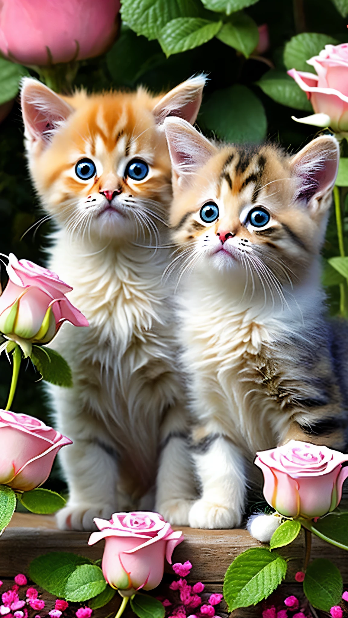 In this ultra-detailed CG art, cute kittens surrounded by ethereal roses, laughter, best quality, high resolution, intricate details, fantasy, cute animals, left, funny, left!! Mouth!!! Laugh!!!