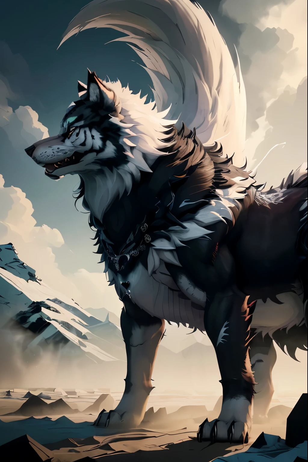 More than one meter high，More than three meters long，A few laps bigger than a tiger，Black and white decors（Black back，White chest），Looks a bit like the giant wolf Fenrir，Has canine characteristics