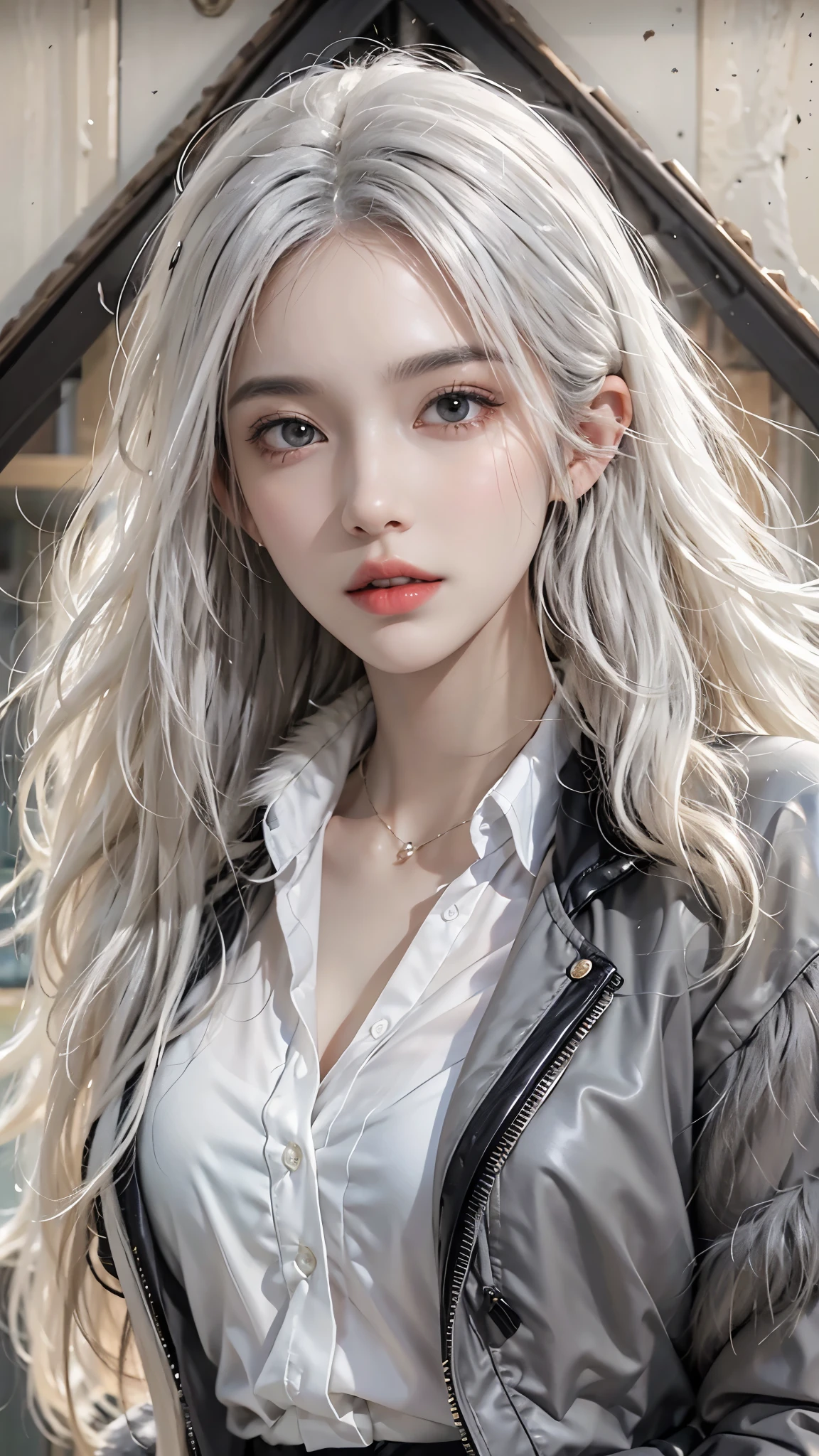 lifelike, High resolution, 1 female, alone, Hips raised, beautiful eyes, close lips, Detailed face, white hair, long hair, collared shirt, black tie,black skirt, pencil skirt, fur coat, 