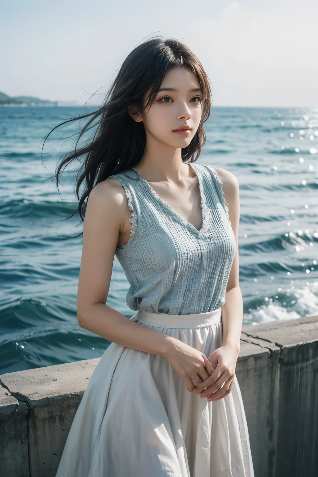 1 girl,kawaii,Detailed face,looking at the audience,concentrated,masterpiece,best quality, high resolution,8K,complex,elegant,Very detailed,Dynamic lightingBREAKLong hair flows elegantly in the gentle sea breeze,The fading sunlight casts warmth, The ethereal light in the scene. She is dressed elegantly, Light-colored dress that flutters in the wind. Waves in the background gently kiss the shore, There is a sense of tranquility in the air, The overall ambience should evoke a sense of tranquility and beauty