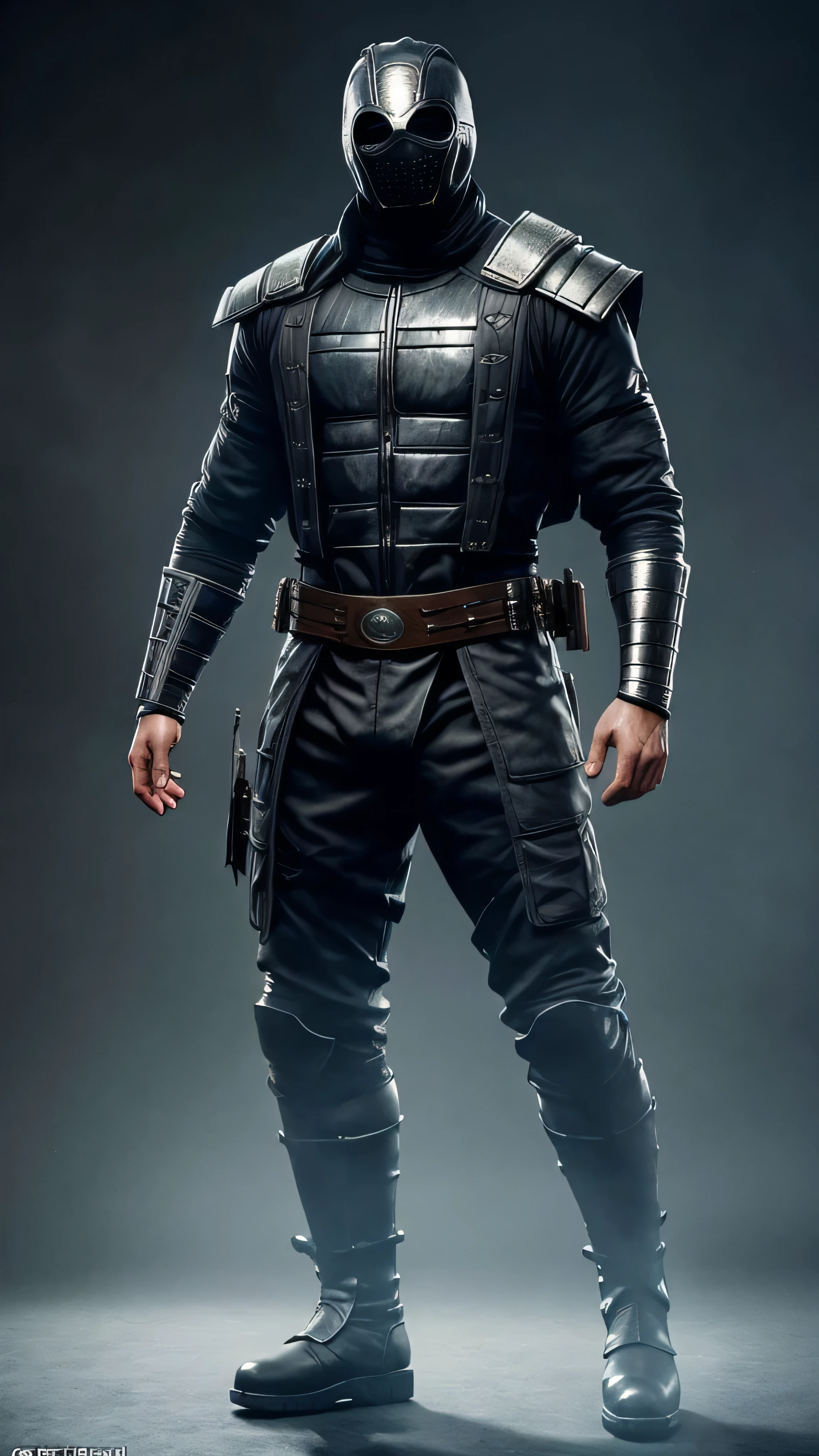 No Face from Mortal Kombat, reflective metallic mask completely covers face, naked torso, cargo pants, boots, 1man, solo, full body view, intricate, high detail, sharp focus, dramatic, photorealistic painting art by greg rutkowski
