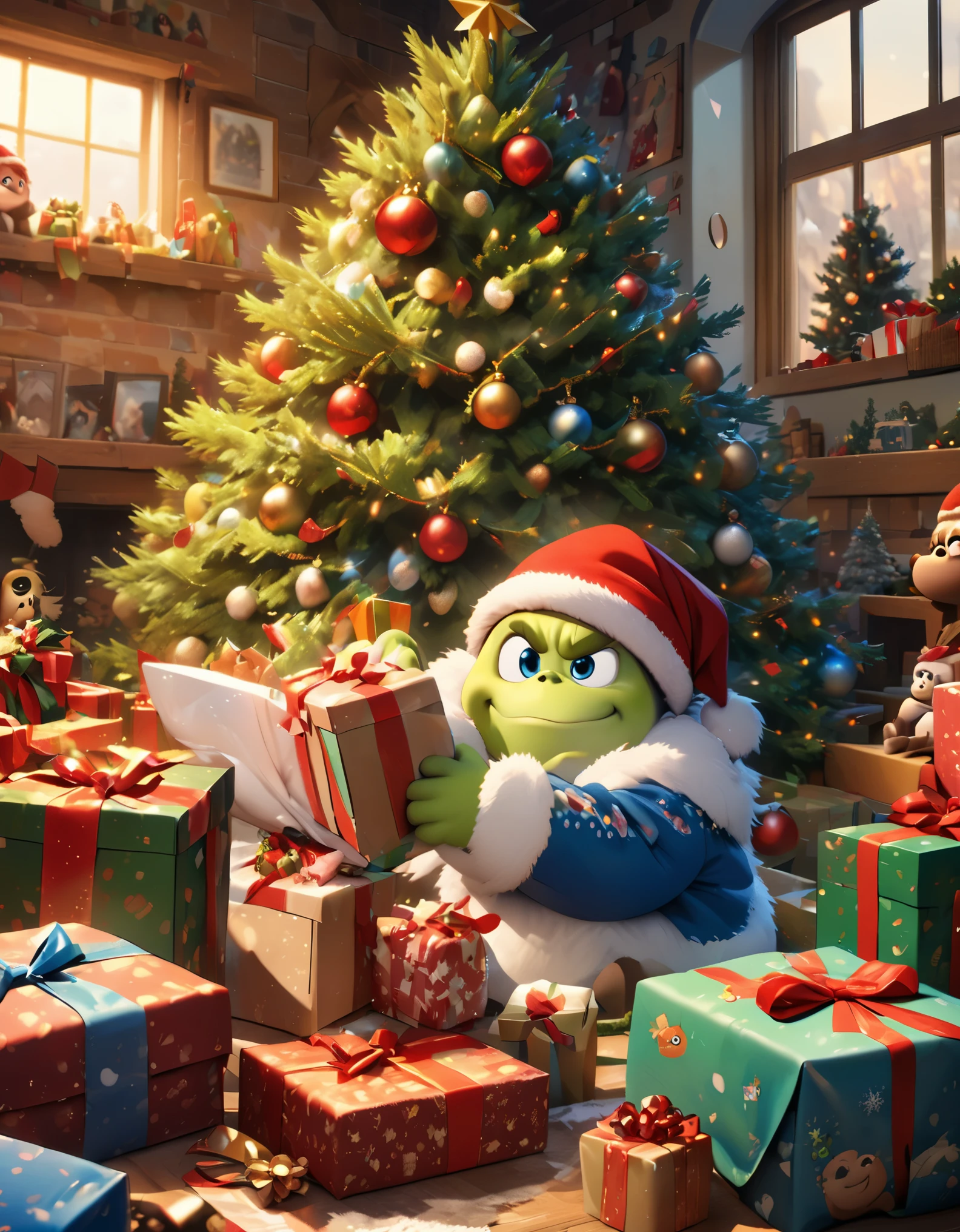 Pixar animation, detailed skin texture,a highly detailed, Fluffy baby Grinch opening gifts for Christmas, Photography