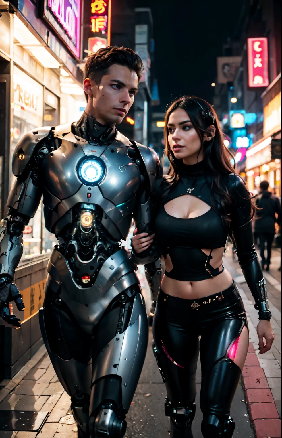 Here is a short story that focuses on the relationship between female and male cyborgs:

In a dystopian, neon-lit metropolis of the future, Amanda, a metal-framed cyborg beneath her skin, wandered the streets in search of her destiny. Her mechanical limbs glittered under the lights of the city's signage, giving her a menacing yet mesmerizing appearance. 

One day she met Max, a cyborg like herself, with eyes skillfully embedded in his cybernetic face. A dialog ensued between them, full of distrust and wariness inherent in their artificial natures. But gradually, under the influence of an inevitable attraction, they began to blur the boundaries between the human and the mechanical, realizing that their relationship could become something more.

Going through endless trials and obstacles, prepared for them by the world, where technology dominated over nature, Amanda and Max learned to trust each other, discovering new facets of themselves, inaccessible to ordinary people. Their union grew stronger and stronger, as if they were two halves of the same whole, perfectly complementing each other.

Together they challenged the cruel reality, in which the mechanical outnumbered the organic, and believed that their love could overcome any obstacles erected by this cold, ruthless world.