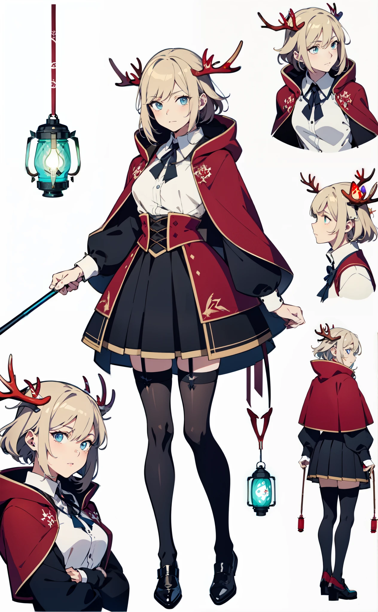 white background, anime style, top-quality, character design, concept art, 1girl, mature, fluffy short beige hair, ice blue eyes, fantasy medieval, adventurer gear, (lantern on antler staff:1.3), fullbody, white blouse, simple red cloak, red riding hood, skirt, stockings, antlers, (genshin character:0.7), boyish features