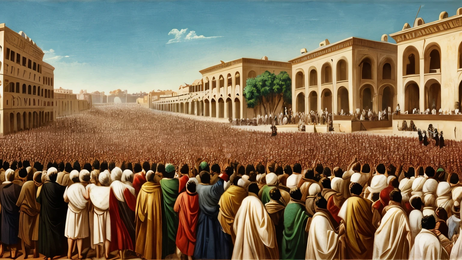 Indo-European gods; conquering cities, abducting goddesses, crowds of people, drawing in the surrealist pictorial style