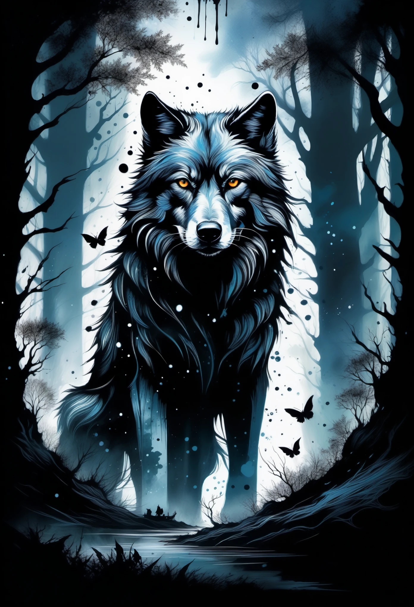 (((In dark fantasy ink splatter art:1.3))), Shabby wolf, Mesmerizingly beautiful scenery appears, Chaotic black strokes ink splatter, Intricate details blend into the world of the ethereal forest, Otherworldly creatures, insanely beautifu, Gongbi, Every stroke exudes a charming feeling, extraordinary creation, Whether it is ink painting or oil painting, Master stunning details, pure brilliance, Creepy atmosphere ink splatter coating,