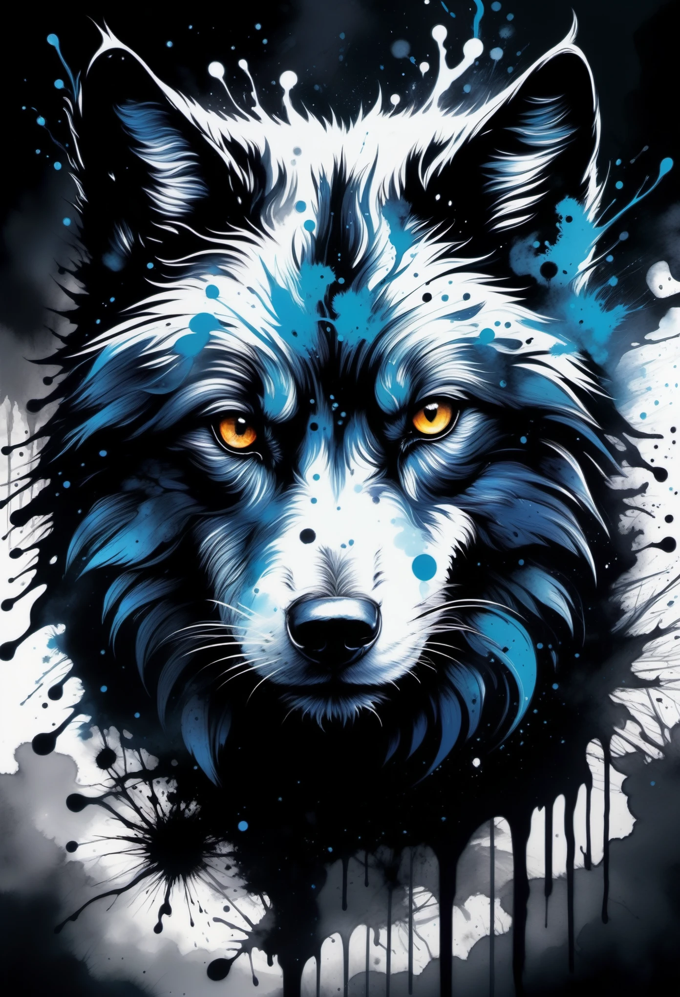 (((In dark fantasy ink splatter art:1.3))), Shabby wolf, Mesmerizingly beautiful scenery appears, Chaotic black strokes ink splatter, Intricate details blend into the world of the ethereal forest, Otherworldly creatures, insanely beautifu, Gongbi, Every stroke exudes a charming feeling, extraordinary creation, Whether it is ink painting or oil painting, Master stunning details, pure brilliance, Creepy atmosphere ink splatter coating,