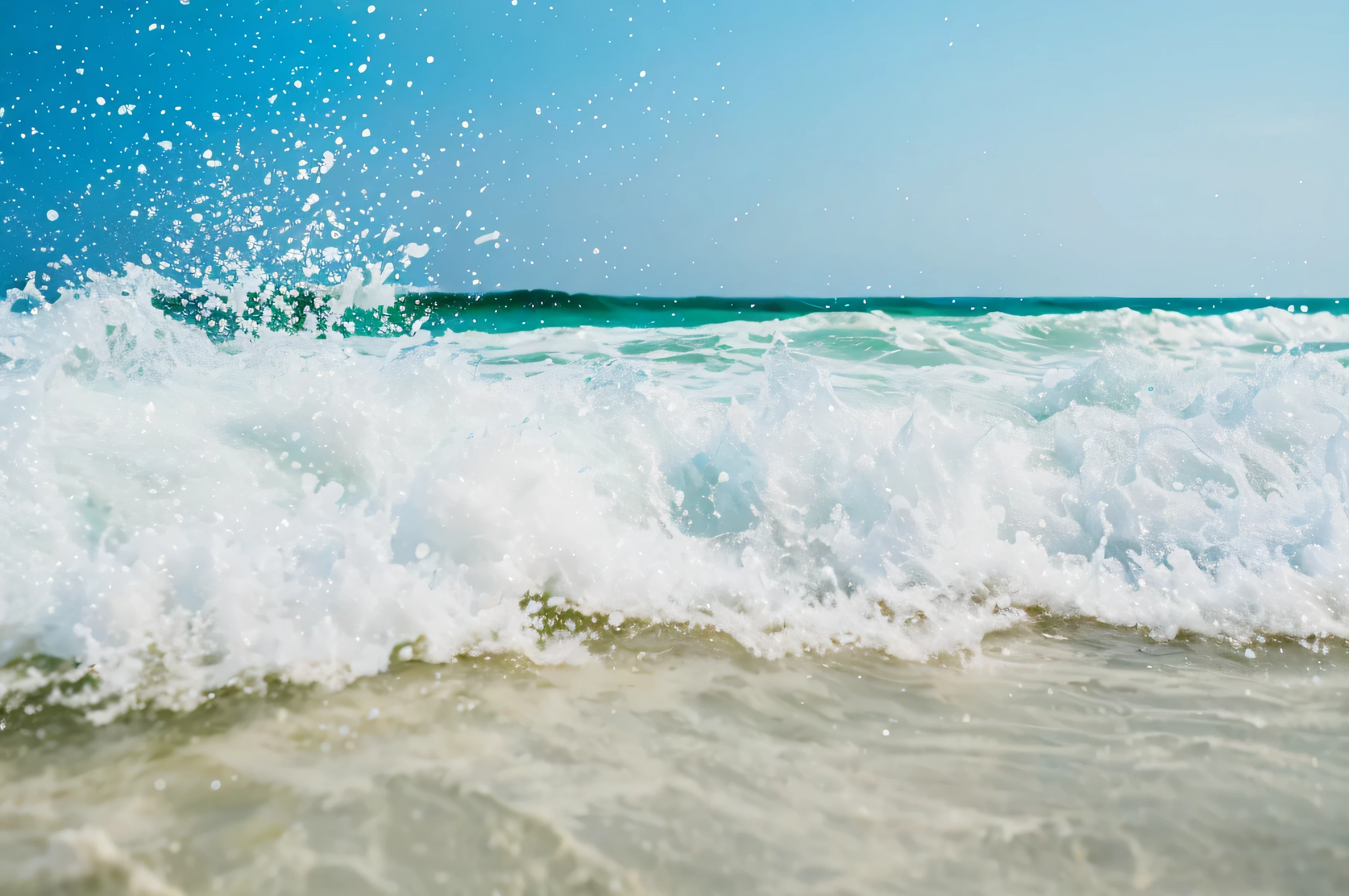 there is a wave coming in to the shore of the beach, waves and splashes, foamy waves, crashing waves and sea foam, wave of water particles, waves crashing in the sea, sea spray, sea foam, a photo of the ocean, beautiful waves in sea, cresting waves and seafoam, sea waves, waves and particles