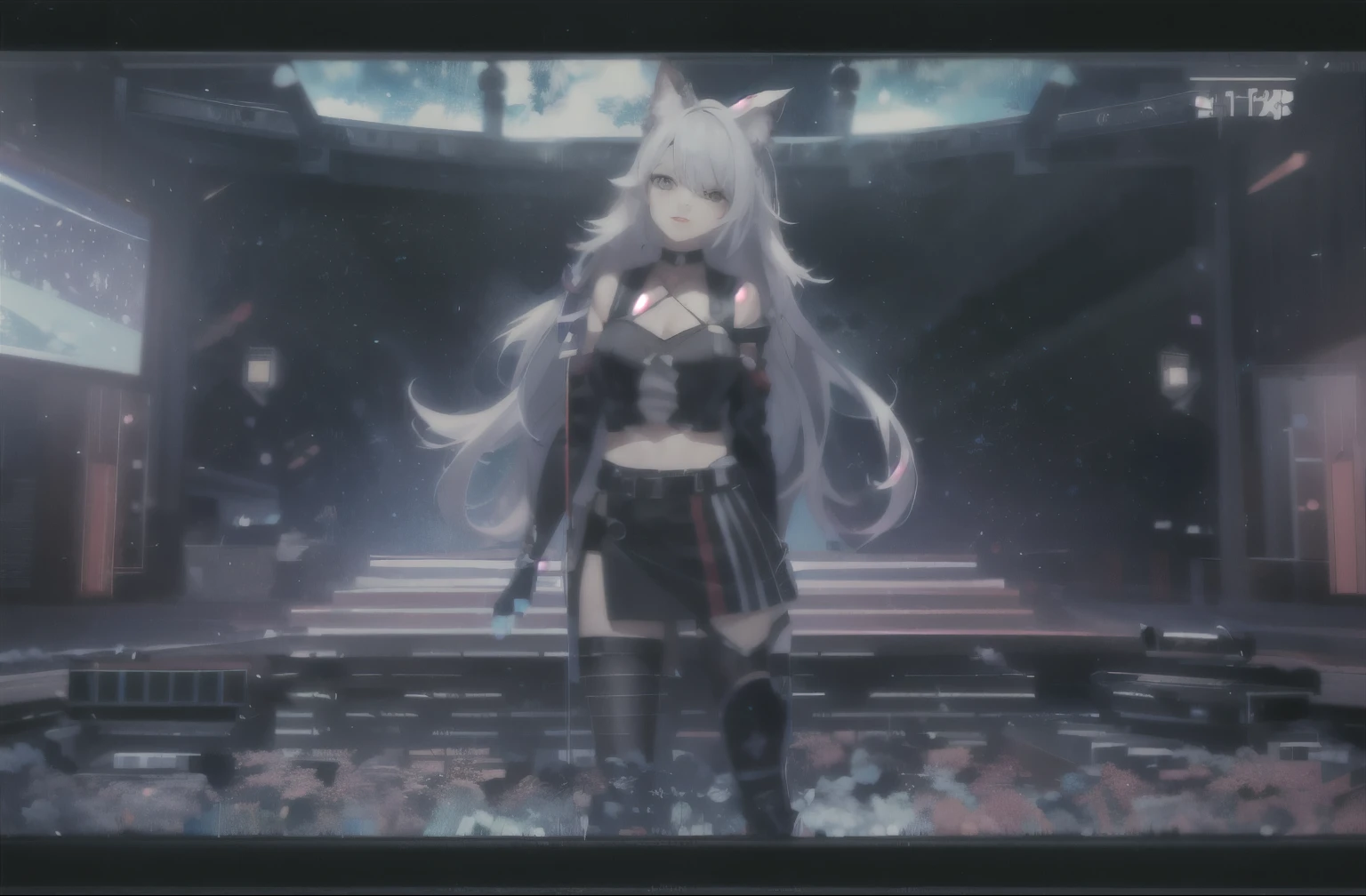 anime girl with white hair in a black outfit on stage, virtual model of youtuber live2d, of the girls on the front line, kda, advanced universe for girls, girls in front style, Holo - wolf girl, trading on pxiv, from the video game Azur Lane, Lazurny Lane style, went bald, " anime, 4K], 4 thousand. ], 4k, 8k, hd, ultra hd