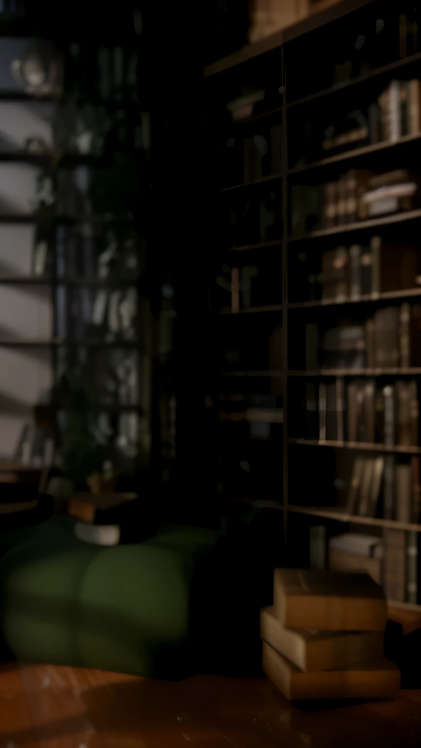 There is a cat sitting on a chair in the room, alchemist library background, library background, tilt shift library background, blurry background of the library, library interior background, gloomy library, dusty library, personal room background, magical library bokeh, in a gloomy library, some background blur, Realistic cinematic rendering, dark library, Detailed architectural visualization renderings, background = library