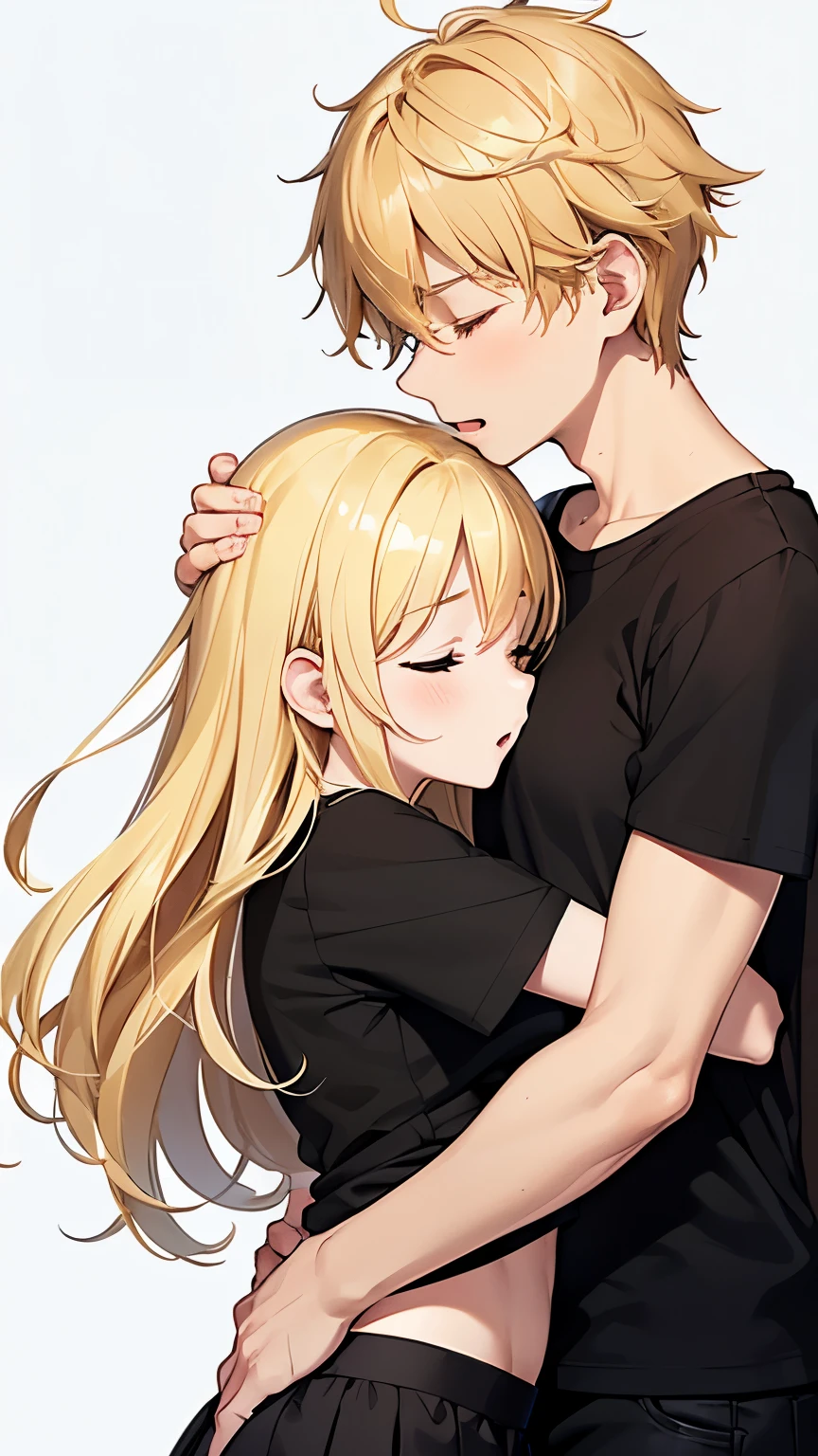Girl and boy, couple,duo, face to face,hug,closed eyes, stand up,(boy with blonde hair,short hair,black t-shirt, black trousers,messy hair) ,( girl with blonde hair,long hair,black t-shirt,Black mini skirt, big breasts)