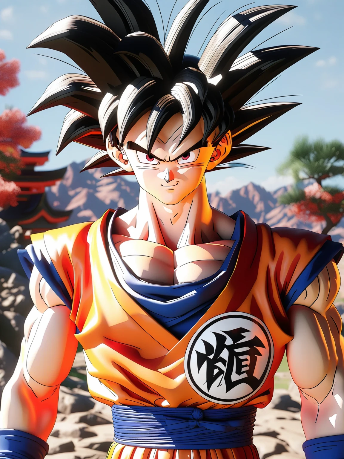 diy28,Highest quality, ultra-high definition, masterpieces, 8k, realistic, anime styled, 3d render,arafed image of a statue of a young gohan with a tree in the background, photorealistic human goku, son goku, highly detailed portrait of goku, goku, portrait of goku, goku from dragon ball, goku from dragon ball z, human goku, goku from dragonball z, dragon ball artstyle, goku as an asian man, fan art, goku portrait