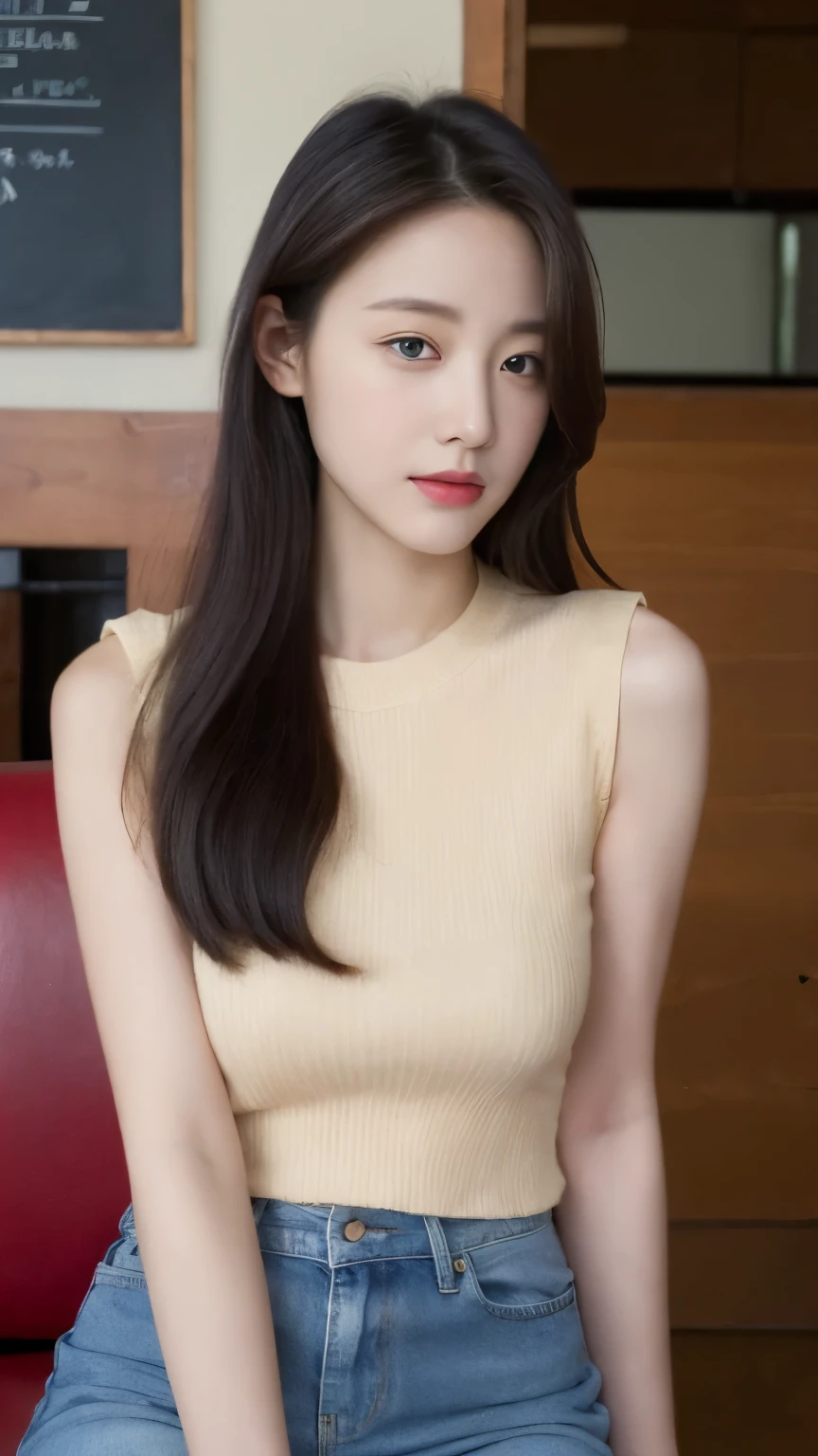 (actual, High resolution:1.3), 1 girl with perfect figure, The face shape and eyes are super delicate, long hair, Vest: 1.2 colors random, Short jeans, in cafe, Coffee on the table, big breasts, Naked ditch