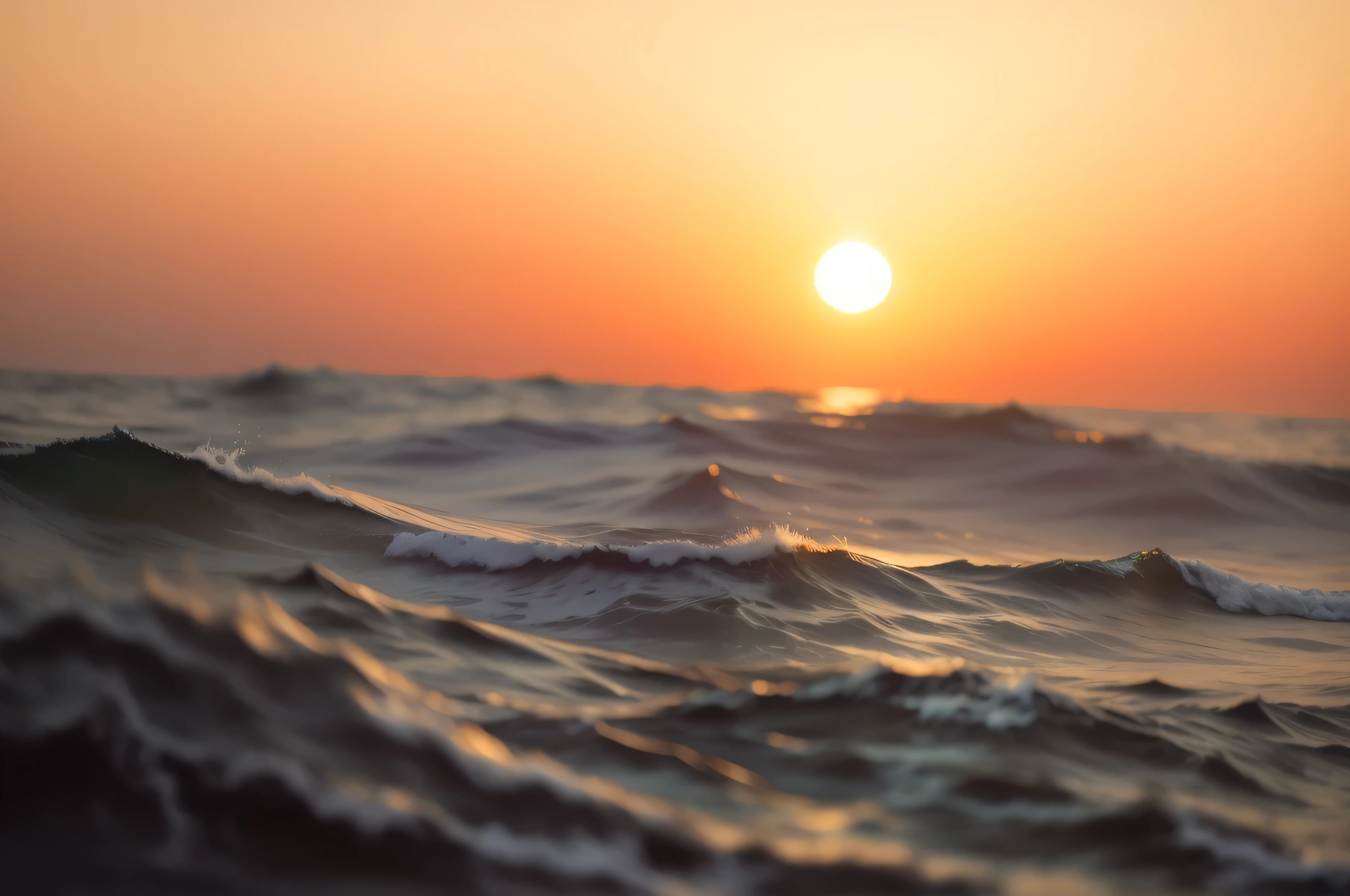 arafed view of a sunset over the ocean with a wave, on the ocean water, ocean, a photo of the ocean, chaotic sea setting, on the ocean, photo of the middle of the ocean, calm waves, sea, subtle depth of field, middle of the ocean, the sun on the horizon, an ocean, golden hour closeup photo