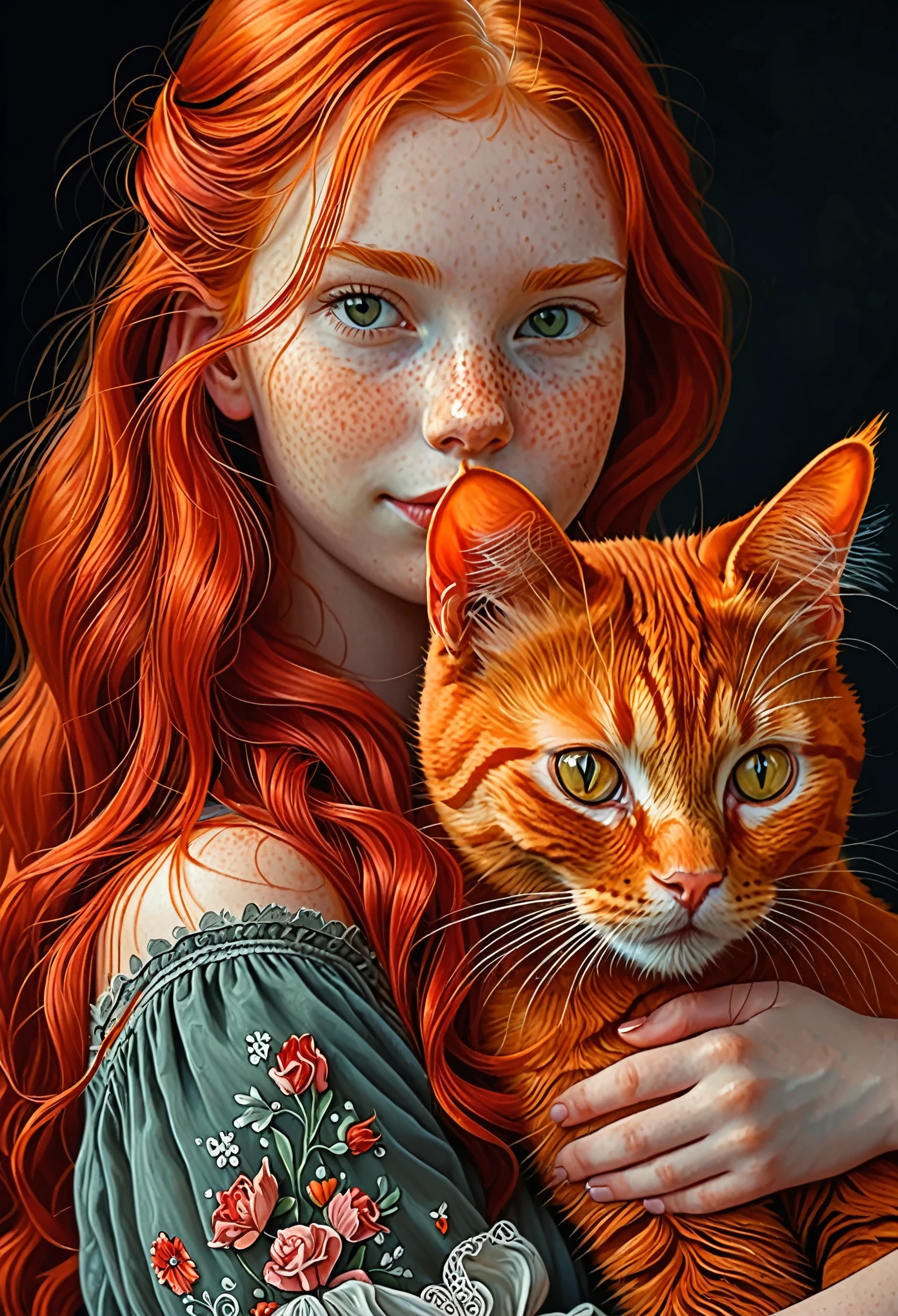 red-haired girl with a red cat, ultra detailed, best quality, masterpieces 