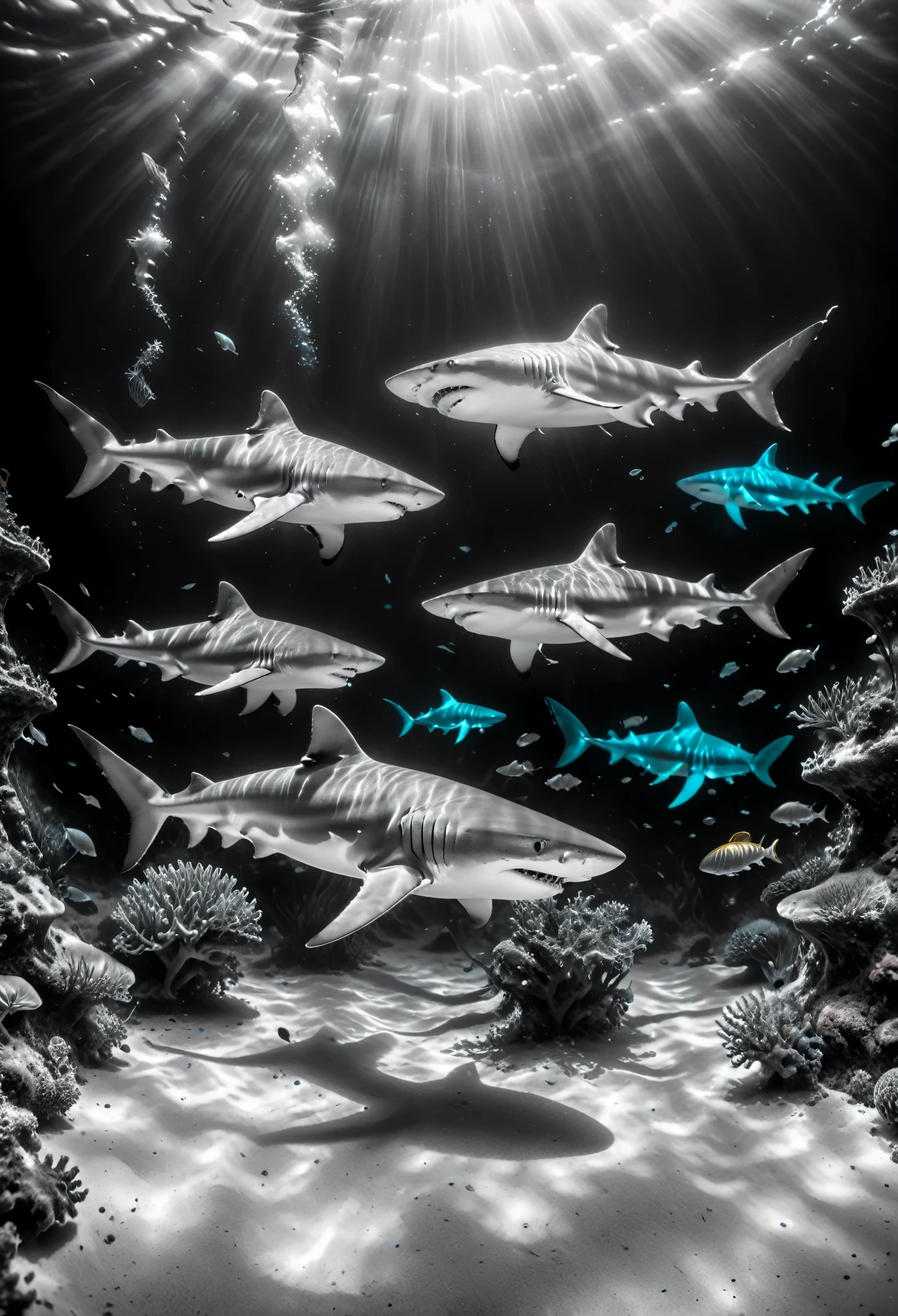 Ferocious sharks, Capture the ethereal dance of light and shadow in stunning monochrome photos with selective color detail, Revealing the hidden poetry of bioluminescence, underwater, (actual, photoactual, original photo:1.4), octane rendering, complex, (best quality, masterpiece, representative work, official art, professional, 8k wallpaper:1.3)