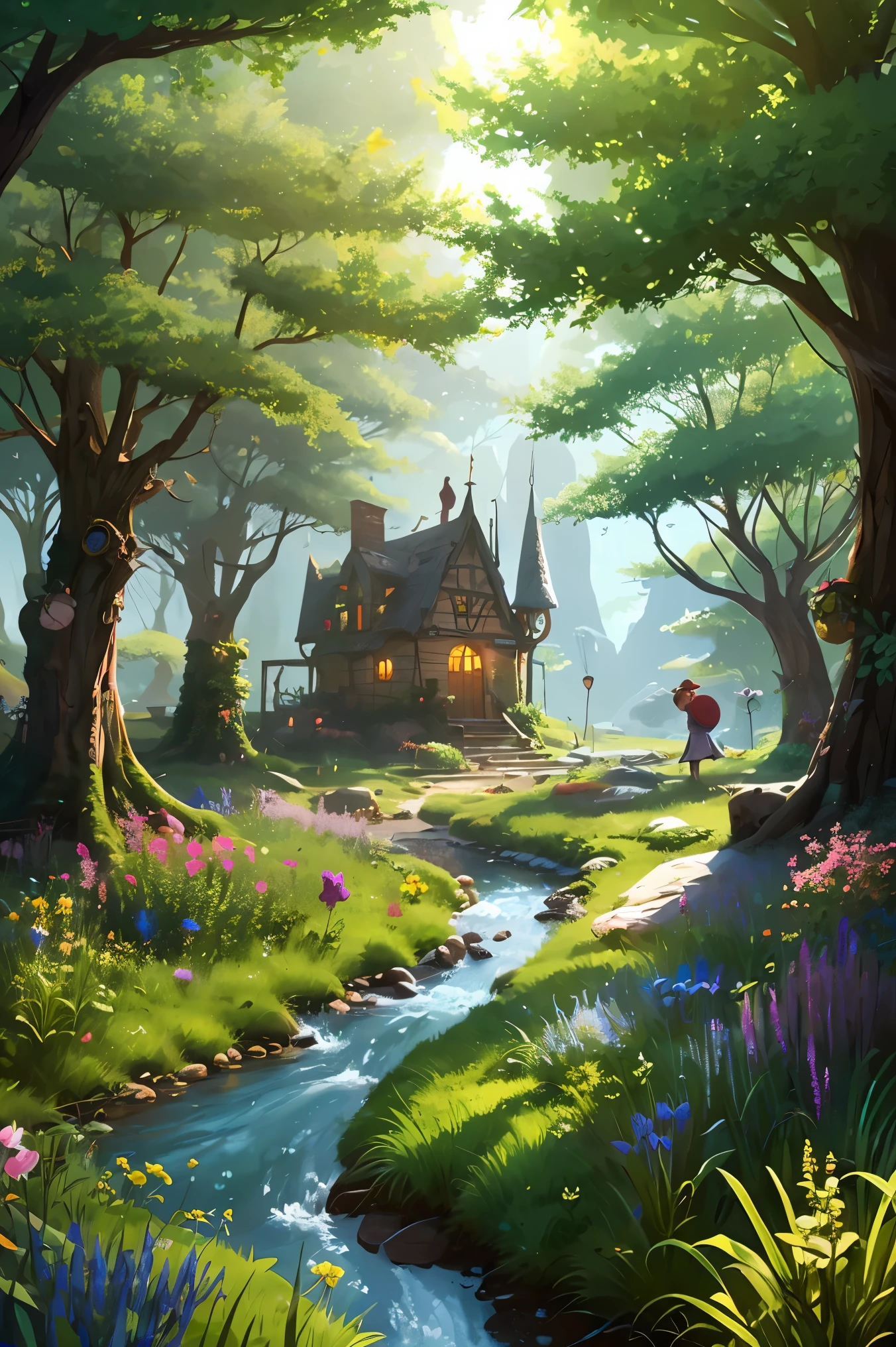 Colorful Forest，Cartoon illustration of fantasy forest with treehouse and stream, colorful concept art, Made of trees and a fantastic valley, background art, fairyland forest, stylized concept art, A mesmerizing magical fantasy forest, Magic fantasy 2D concept art, fairy tale background, A lively magical city, quirky fantasy landscape art, elf forest background, medieval fantasy city