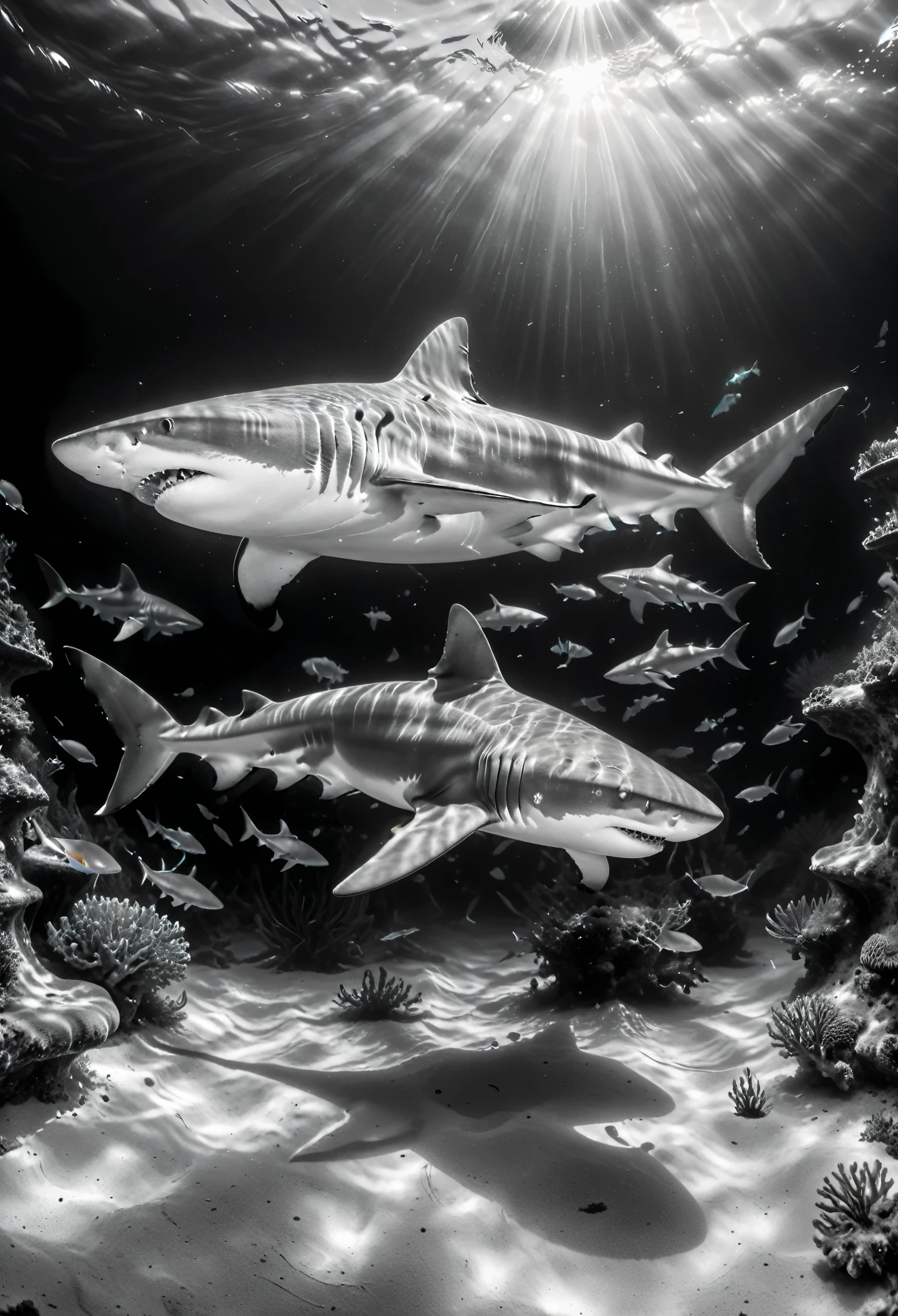 Ferocious sharks, Capture the ethereal dance of light and shadow in stunning monochrome photos with selective color detail, Revealing the hidden poetry of bioluminescence, underwater, (actual, photoactual, original photo:1.4), octane rendering, complex, (best quality, masterpiece, representative work, official art, professional, 8k wallpaper:1.3)