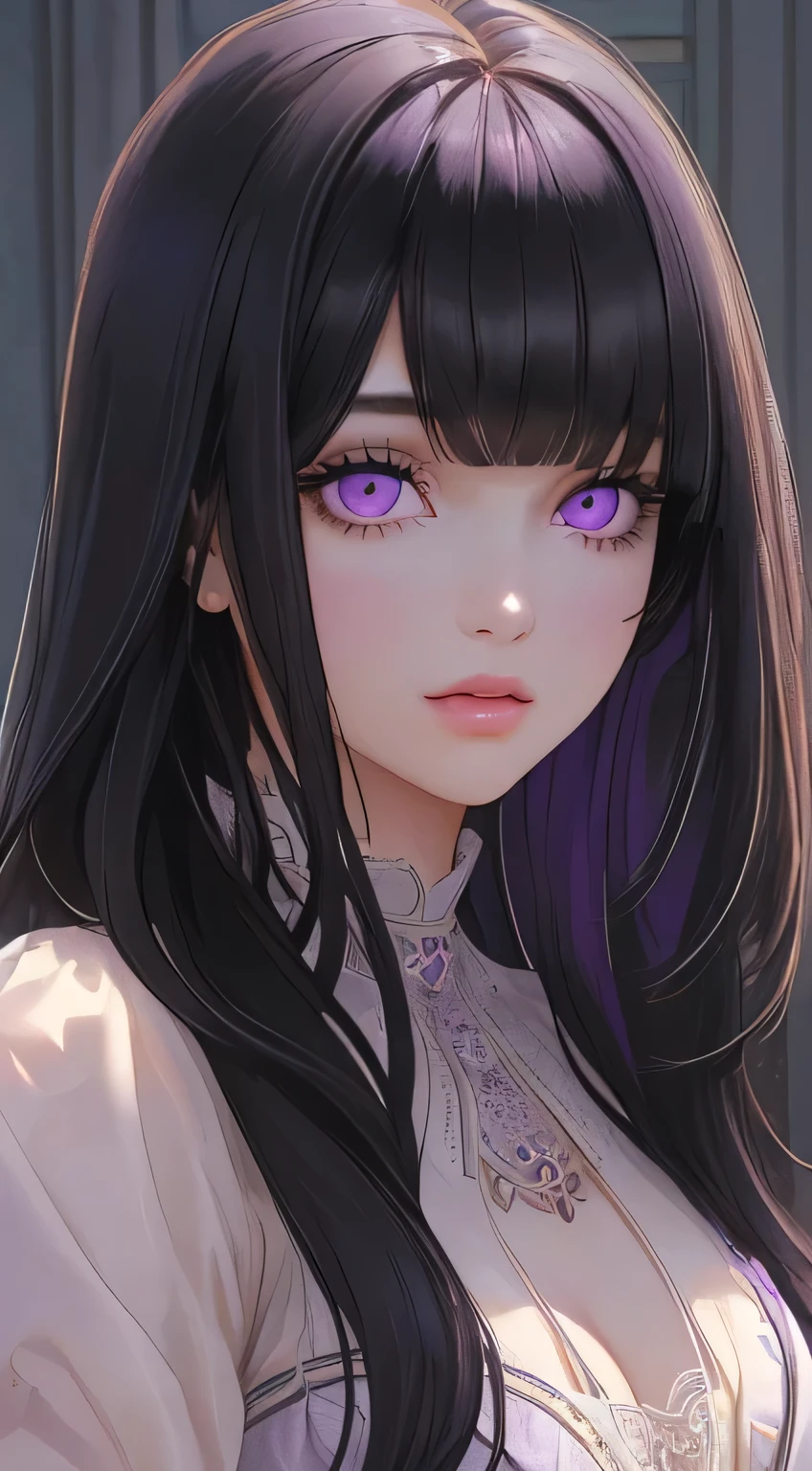 (work: 1.2, best quality), (real picture, intricate details), 1 pretty girl, beautiful picture, perfect picture, long hair with bangs, dark black hair color dark lavender eye color.