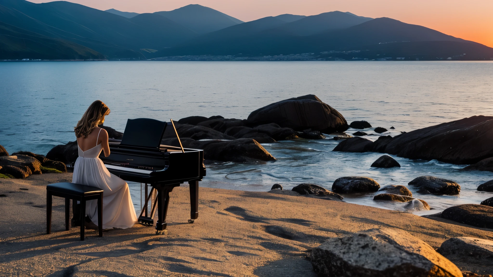 woman playing a Piano on a rocky beach, une photo de Matt Cavotta, volet, le romantisme, playing Piano, pianiste, energetic jazz Piano portrait, excellente compo, award-winning composition, portrait, Piano, au coucher du soleil, musique being played, sunset lighting, musique, Pianos, pendant un coucher de soleil, Well composed, composition magistrale