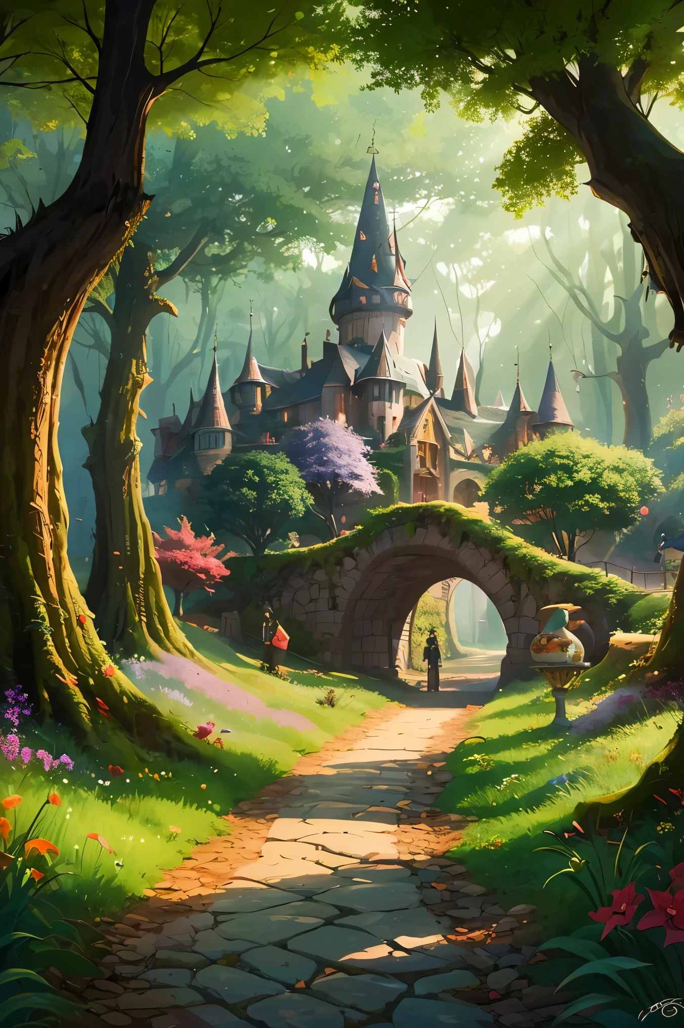 Colorful Forest，Cartoon illustration of fantasy forest with treehouse and stream, colorful concept art, Made of trees and a fantastic valley, background art, fairyland forest, stylized concept art, A mesmerizing magical fantasy forest, Magic fantasy 2D concept art, fairy tale background, A lively magical city, quirky fantasy landscape art, elf forest background, medieval fantasy city