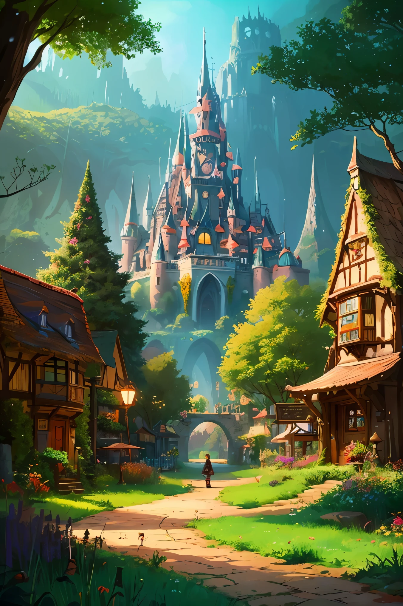 Colorful Forest，Cartoon illustration of fantasy forest with treehouse and stream, colorful concept art, Made of trees and a fantastic valley, background art, fairyland forest, stylized concept art, A mesmerizing magical fantasy forest, Magic fantasy 2D concept art, fairy tale background, A lively magical city, quirky fantasy landscape art, elf forest background, medieval fantasy city