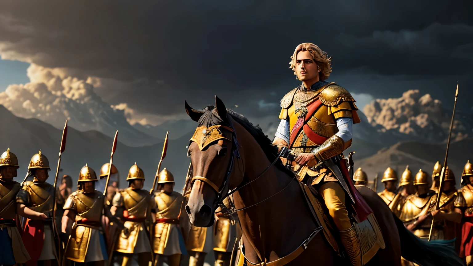 Alexander the Great and in front of his army, with a face of fury: realistic epic, soft cinematographic portrait, Adobe Lightroom, photography laboratory, muy detallado, despondent, (colores neutros: 1.2), (HDR: 1.4), (colores suaves: 1.2) ), hiperdetallado, (art station:1.4), cinematographic, warm lights, dramatic light, (Detalles intrincados:1.1), fondo complejo, (rutkowski:0.66), (azul y naranja:0.4)