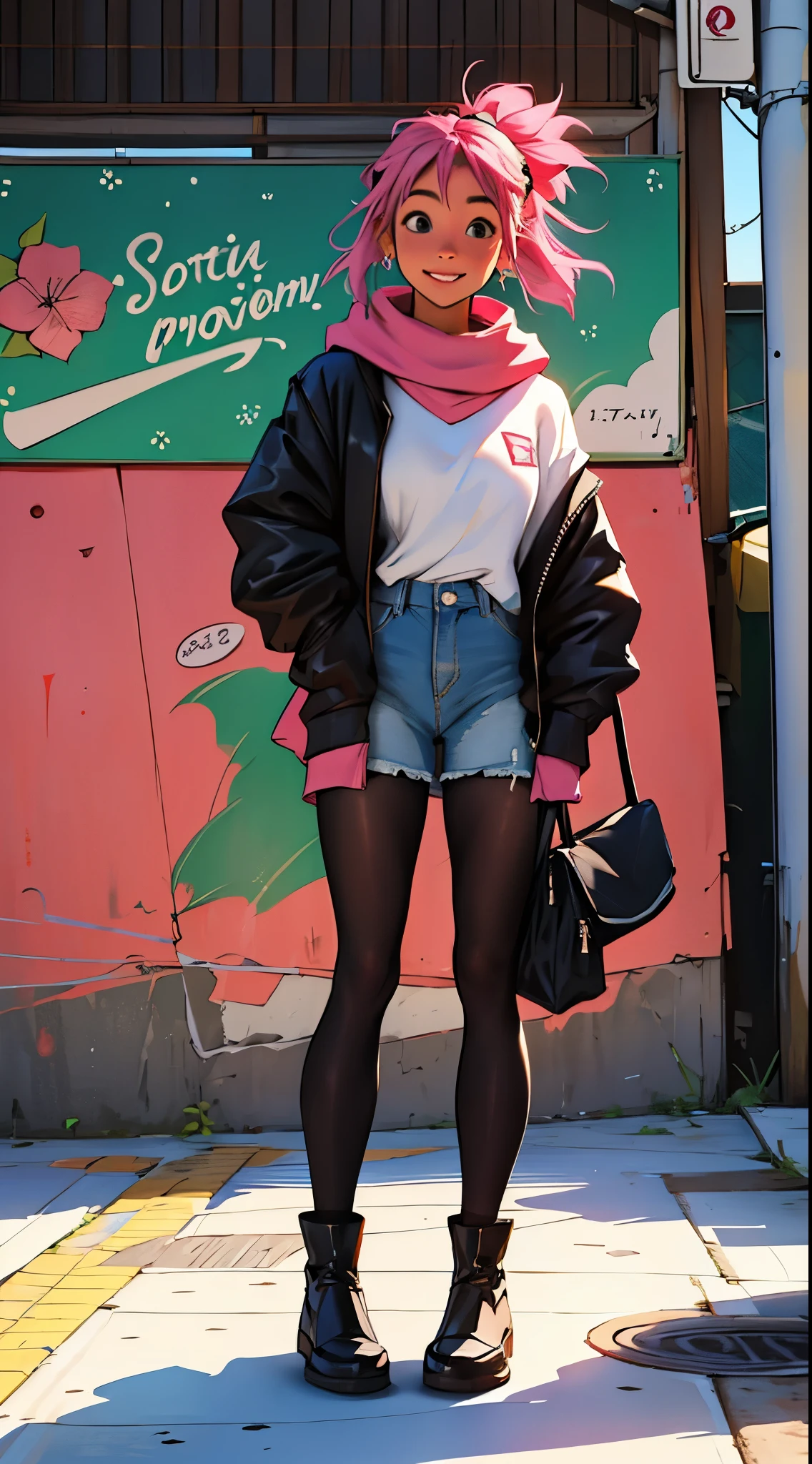 master part, best quality, 1girl, sozinho, boca fechada, sorrir, meio corpo, ScottPilgrimvsTheWorld, saia jeans, pink pantyhose, casaco de inverno, frio, camisola preta, Ramona Flores, fundo simples, fundo plano