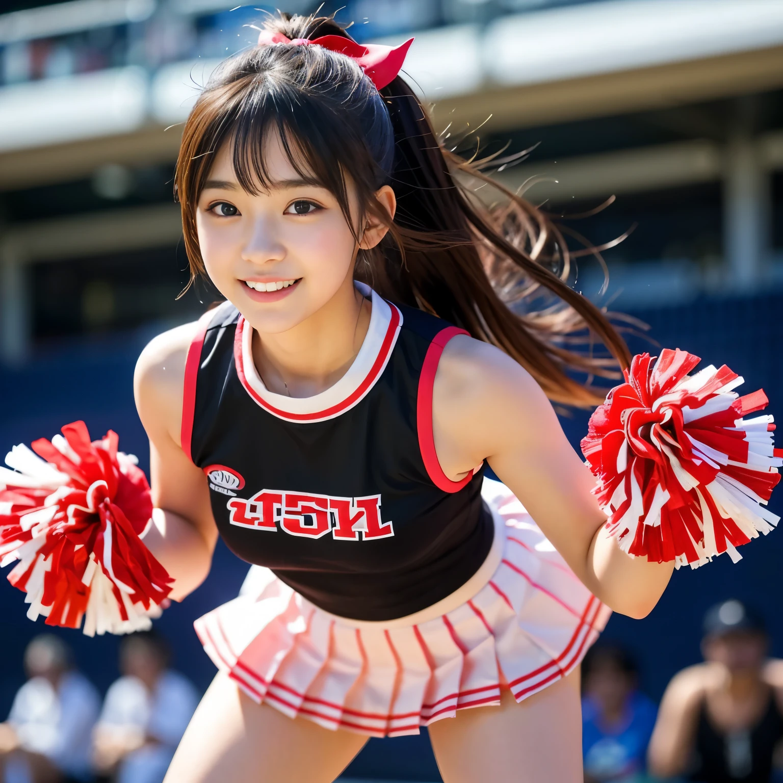 Best-quality, Masterpiece, Ultra-High-Resolution, (Photorealistic:1.4), Raw-Photo, Extremely-Details, Perfect-Anatomy, 1girl, -yeld, thost famous Japanese idol, looking at viewer, innocent-smile, (wearing cheerleading-sleeveless-shirt with cute-design, pleated miniskirt), extremely cute face like the most popular Japanese-idol, ((extremely beautiful big-black-eyes)), extremely beautiful hair, extremely beautiful skins, extremely beautiful long-eyelashes, extremely beautiful lips, extremely beautiful short-body, dynamic-pose, detailed cheerleading-sleeveless-shirt, detailed pleated-miniskirt