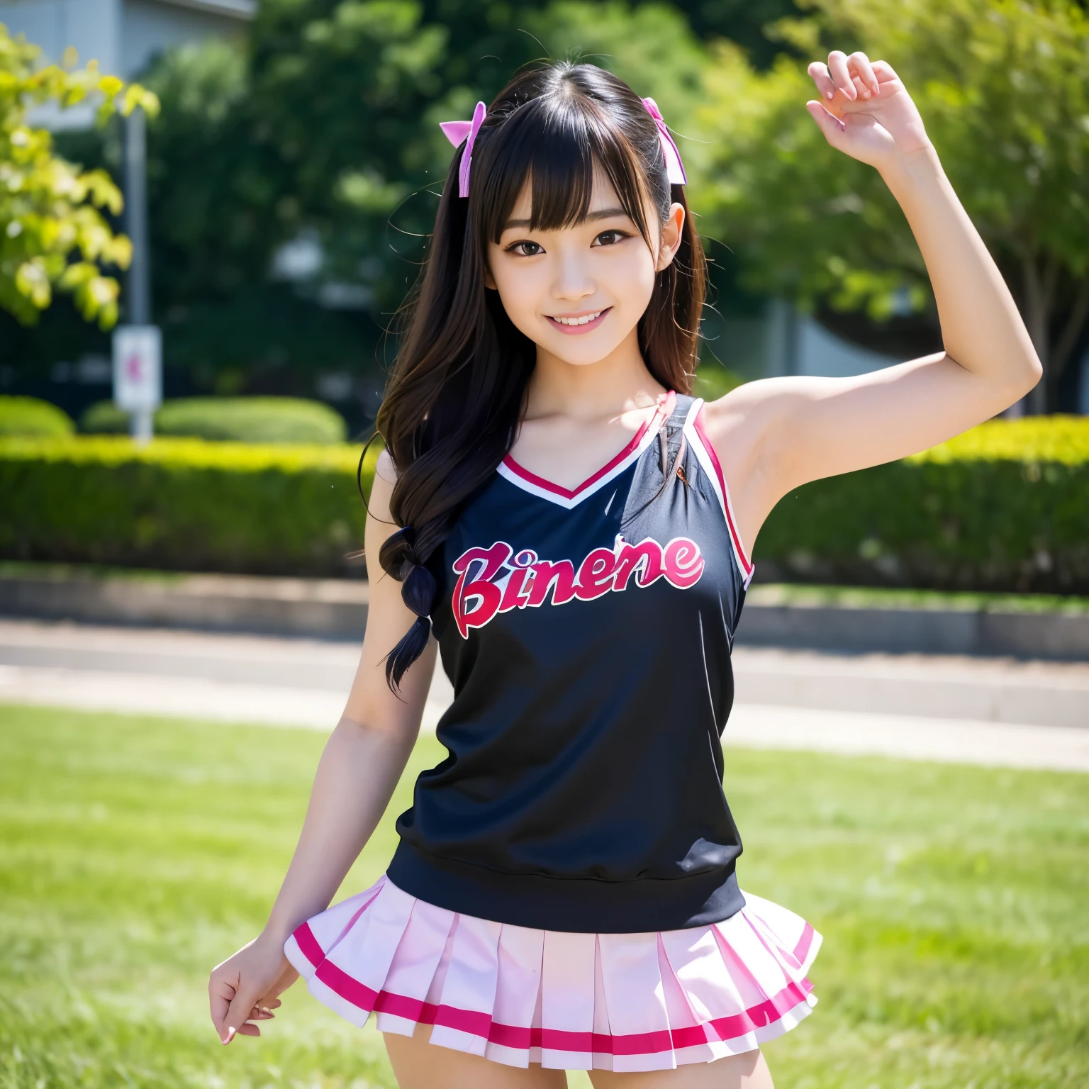 Best-quality, Masterpiece, Ultra-High-Resolution, (Photorealistic:1.4), Raw-Photo, Extremely-Details, Perfect-Anatomy, 1girl, 15-years-old, the most famous Japanese idol, looking at viewer, innocent-smile, (wearing cheerleading-sleeveless-shirt with cute-design, pleated miniskirt), extremely cute face like the most popular Japanese-idol, ((extremely beautiful big-black-eyes)), extremely beautiful hair, extremely beautiful skins, extremely beautiful long-eyelashes, extremely beautiful lips, extremely beautiful short-body, dynamic-pose, detailed cheerleading-sleeveless-shirt, detailed pleated-miniskirt