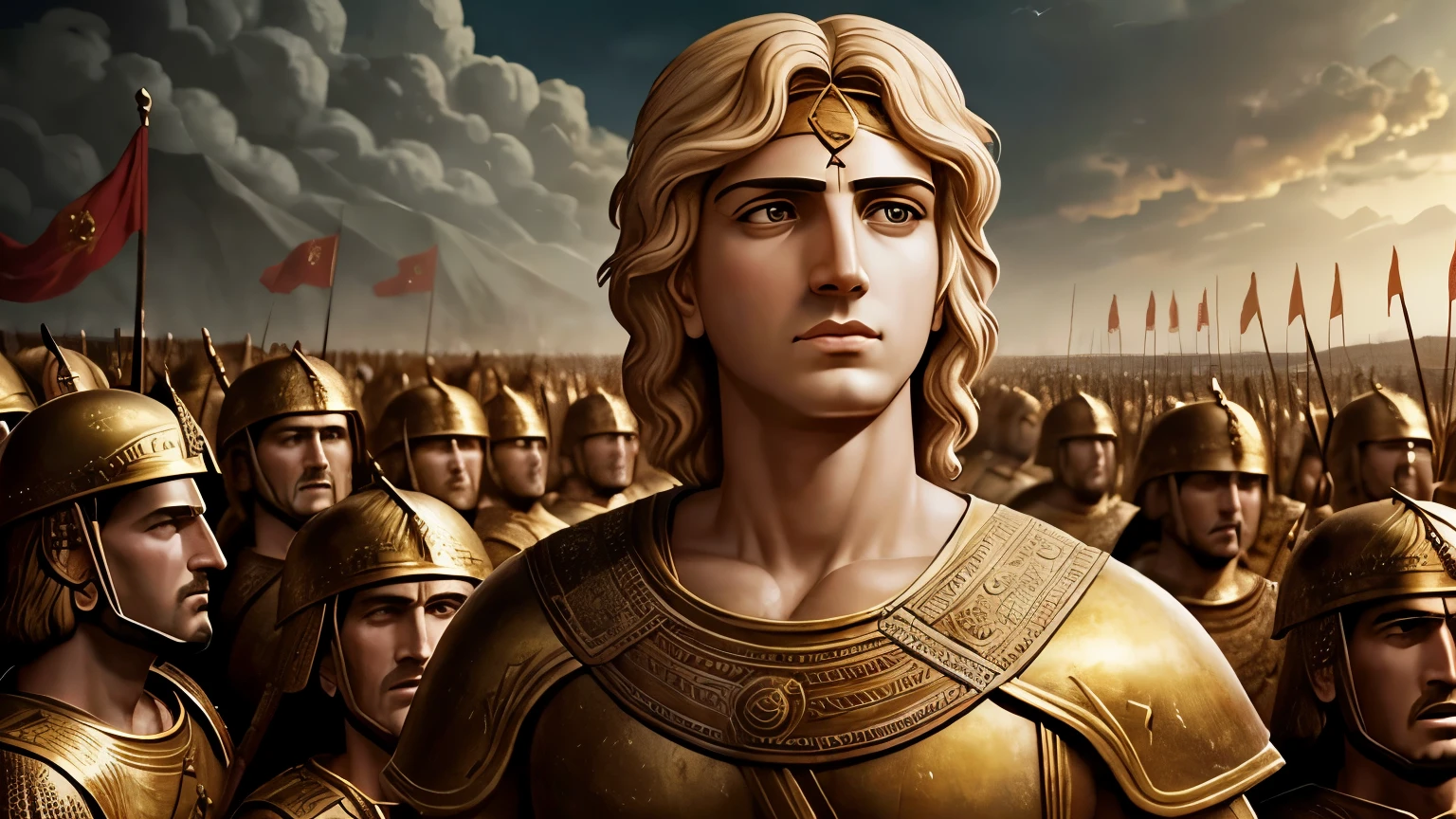 Alexander the Great and in front of his army, with a face of fury